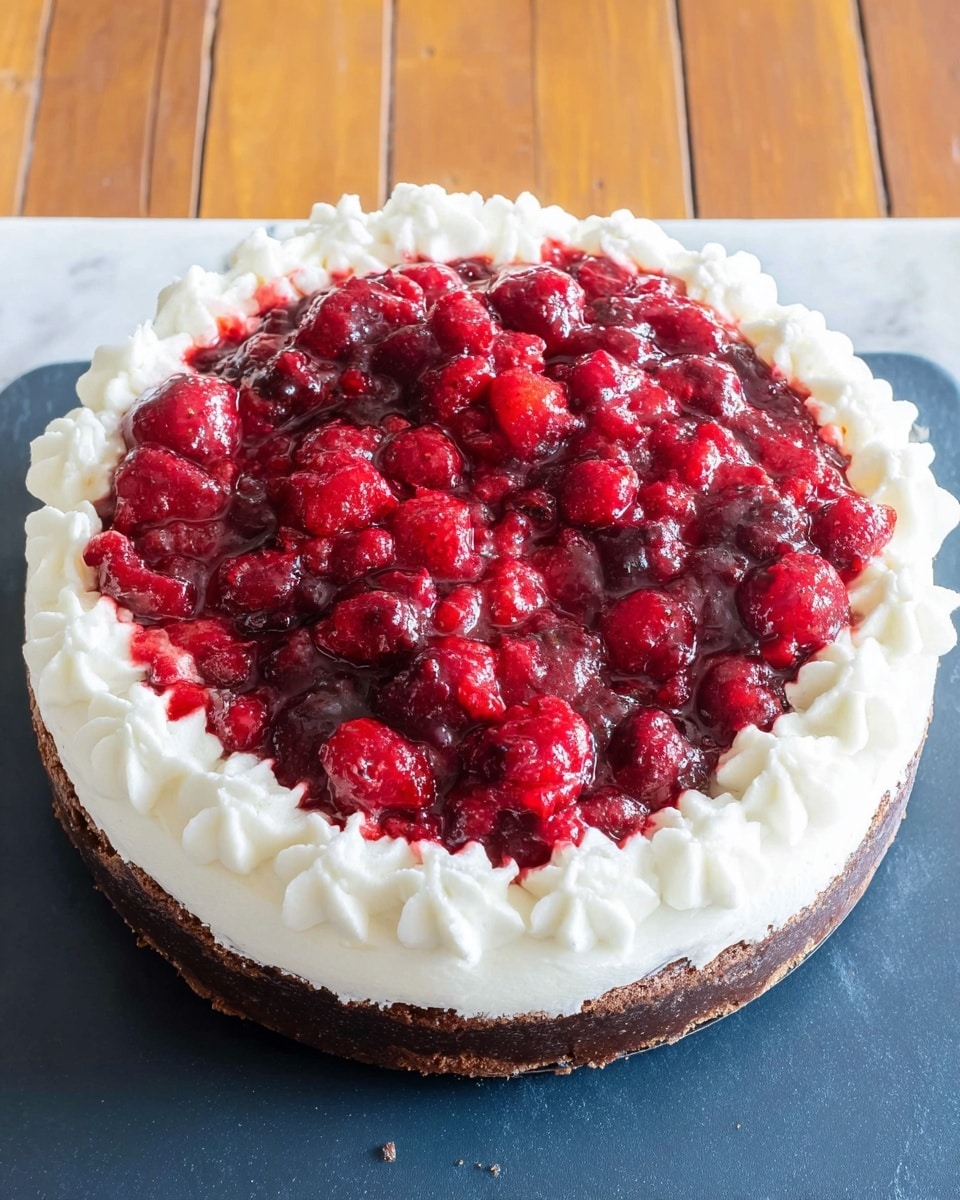 A round cake with three main layers sits on a white marbled surface. The bottom layer is a dark brown chocolate cake base. Above it is a thick layer of bright red mixed berry topping, filled with whole and crushed berries that look shiny and juicy. On the edge of the cake is a ring of white whipped cream piped smoothly in a scalloped pattern. The cake contrasts with the dark blue board it rests on and the light wooden background. photo taken with an iphone --ar 4:5 --v 7