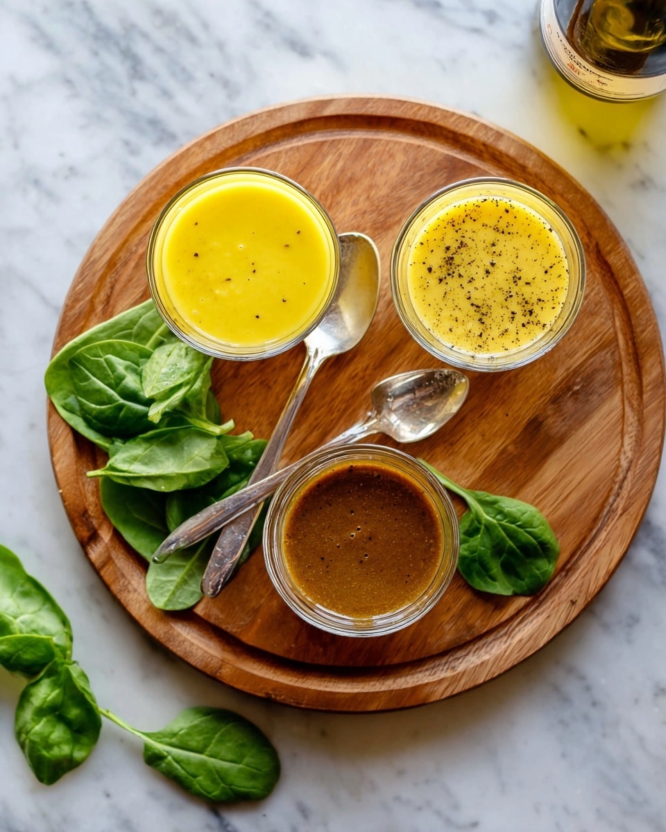 Three small clear glasses with different sauces are placed on a round wooden board. The left glass has a smooth bright yellow sauce with a light texture, the middle glass holds a yellow sauce with visible black pepper specks, and the right glass contains a darker, brown sauce with a thicker consistency. Two silver spoons rest on the board; one near the yellow sauce and one with the brown sauce. Fresh green spinach leaves are arranged on the top left and bottom right edges of the wooden board. The background is a white marbled surface with a bottle partially visible in the upper right corner. Photo taken with an iphone --ar 4:5 --v 7