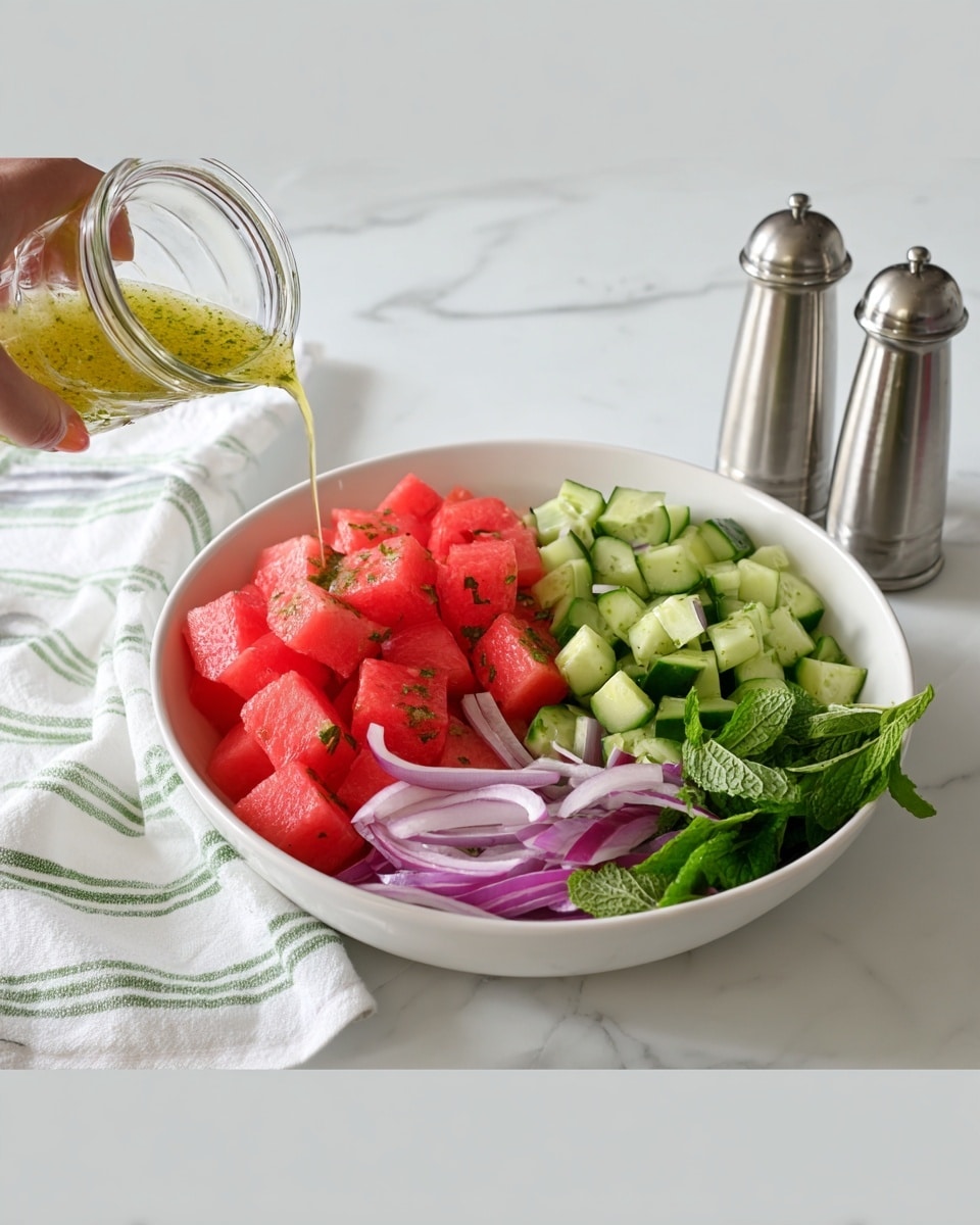 The image shows a white bowl filled with a colorful salad arranged in three main layers: bright red watermelon cubes on the left, thick chopped green cucumber pieces on the top right, and thinly sliced light purple onions at the bottom right. Fresh dark green mint leaves are scattered on the watermelon and cucumber for garnish. A woman’s hand is pouring a light yellow dressing with green herbs from a small glass jar over the salad. The bowl is placed on a white marbled surface alongside a folded white cloth with green stripes, and two tall silver salt and pepper grinders are positioned at the top right corner. Photo taken with an iphone --ar 4:5 --v 7