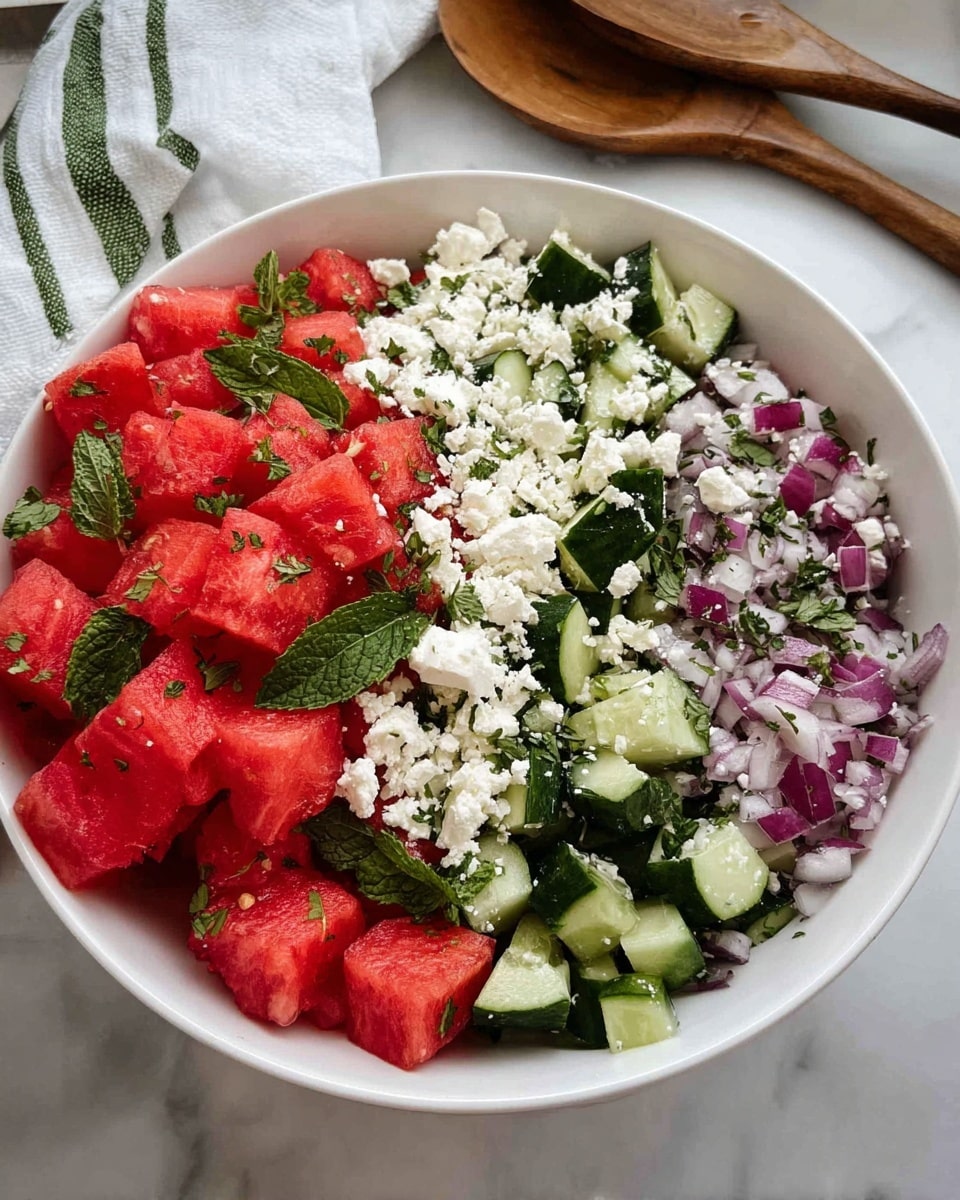 A white bowl filled with a fresh salad showing four main layers arranged side by side: on the left, bright red watermelon cubes with green mint leaves scattered through them; next to it, small chunks of dark green cucumber with white feta cheese crumbled on top; followed by more watermelon cubes with additional white feta cheese and green herbs sprinkled over; and on the far right, chopped purple-red onions mixed with more white feta cheese and green herbs. The bowl is placed on a white marbled surface with a white and green striped cloth and two wooden spoons visible in the background. photo taken with an iphone --ar 4:5 --v 7