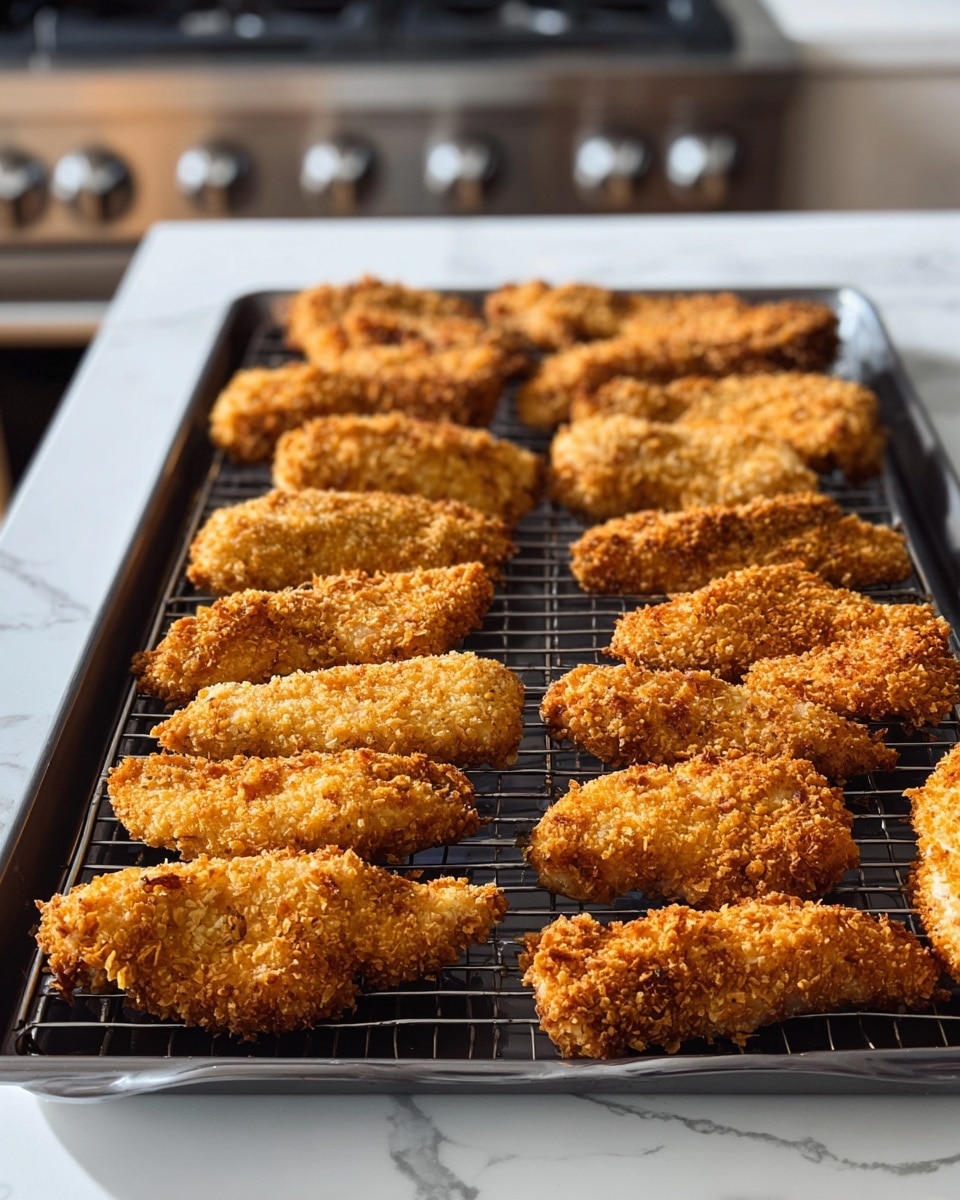 A metal baking tray holds a black wire rack with three rows of crispy golden brown breaded chicken pieces evenly spaced on it. Each piece has a crunchy texture with small bits of breadcrumbs visible. The background is a white marbled surface, and part of a stove and countertop can be seen blurred in the distance. The lighting is natural, showing the warm, inviting color of the chicken. photo taken with an iphone --ar 4:5 --v 7