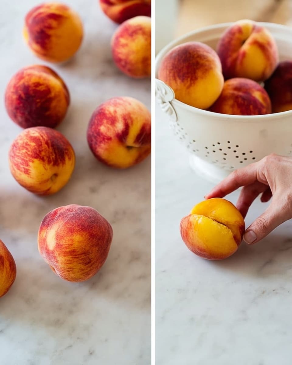 The image shows two parts: on the left side, there are eleven whole peaches placed on a white marbled surface, each peach round with red and yellow skin and some fuzzy texture. On the right side, a white colander filled with peaches sits in the background, while in the foreground a woman's hand is peeling the skin off a single peach that is yellow with some red spots, held upright on the same white marbled surface. Photo taken with an iphone --ar 4:5 --v 7