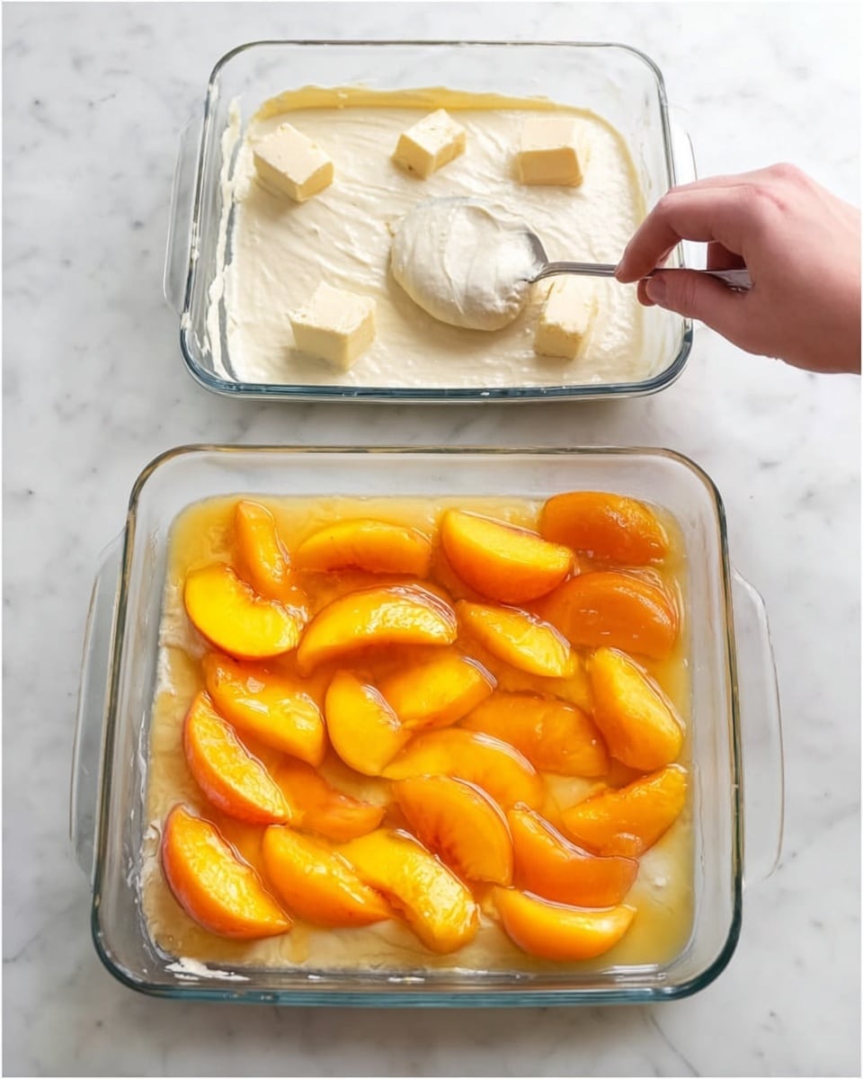 A clear rectangular glass baking dish sits on a white marbled surface, shown in three stages. In the first layer, there are seven small pieces of pale butter scattered evenly across the bottom of the dish. The second layer shows a creamy, thick white batter being spread over the melted butter, with a woman's hand holding a silver spoon, smoothing it out. The third layer features numerous bright orange peach slices neatly arranged on top, submerged in a glossy syrup that glistens under the light. photo taken with an iphone --ar 4:5 --v 7