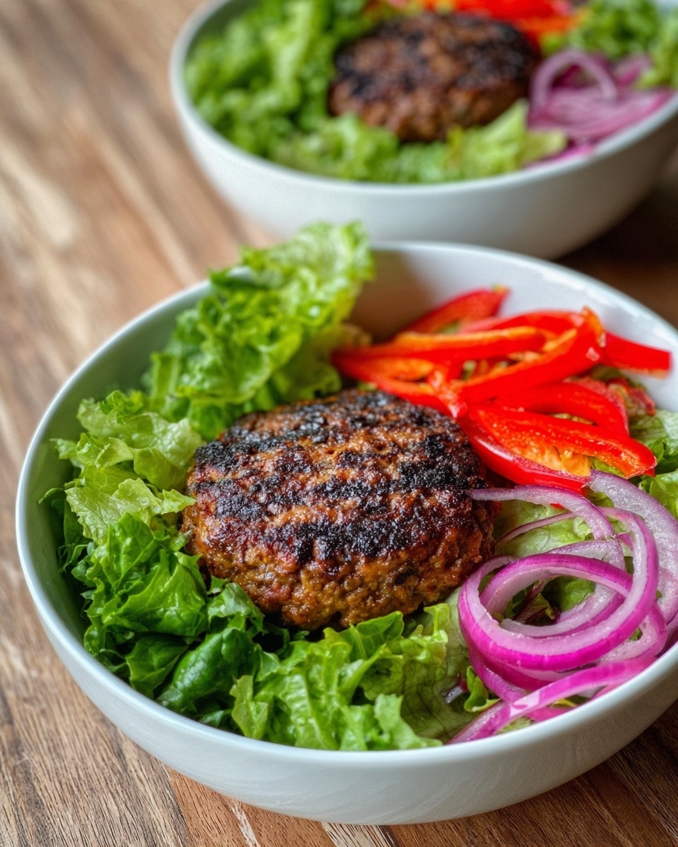 Two white bowls sit on a wooden table with a white marbled texture. Each bowl has a base layer of chopped green lettuce, covering the entire inside. On top of the lettuce lies a round, grilled patty with a dark brown, slightly charred outer texture. To one side of the patty, there are thinly sliced red bell peppers arranged in a small bunch, and on the other side, curled thin slices of purple onion are placed neatly. The colors of the bright red peppers, fresh green lettuce, and pale purple onion create a vibrant contrast with the darker patty. The photo looks sharp and clear, taken with an iphone --ar 4:5 --v 7