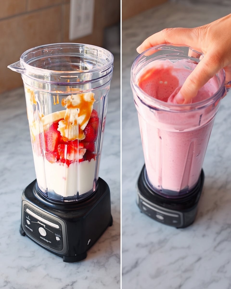 A clear blender cup has five visible layers: the bottom layer is a white liquid, above it are sliced strawberries with a red and pink color, then a soft white creamy layer with a drizzle of light brown syrup on top. Next to the blender, a woman's hand is holding the cup filled with mixed pink smoothie inside a black blender base on a white marbled surface. Photo taken with an iphone --ar 4:5 --v 7