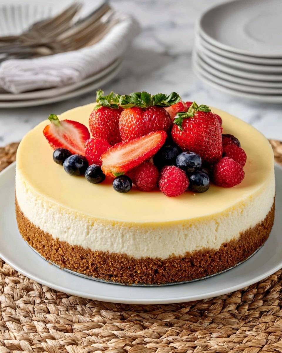 A three-layer cheesecake sits on a white plate placed on a woven mat; the bottom layer is a crumbly, brown graham cracker crust, followed by a thick, creamy white cheesecake middle layer, and topped with a smooth, light yellow layer. On top, there is a pile of fresh strawberries, some whole and some sliced in half showing their red interior and green leaves, along with scattered dark blue blueberries and bright red raspberries. The setting is on a white marbled surface with a blurred stack of white plates and silver forks in the background. Photo taken with an iphone --ar 4:5 --v 7