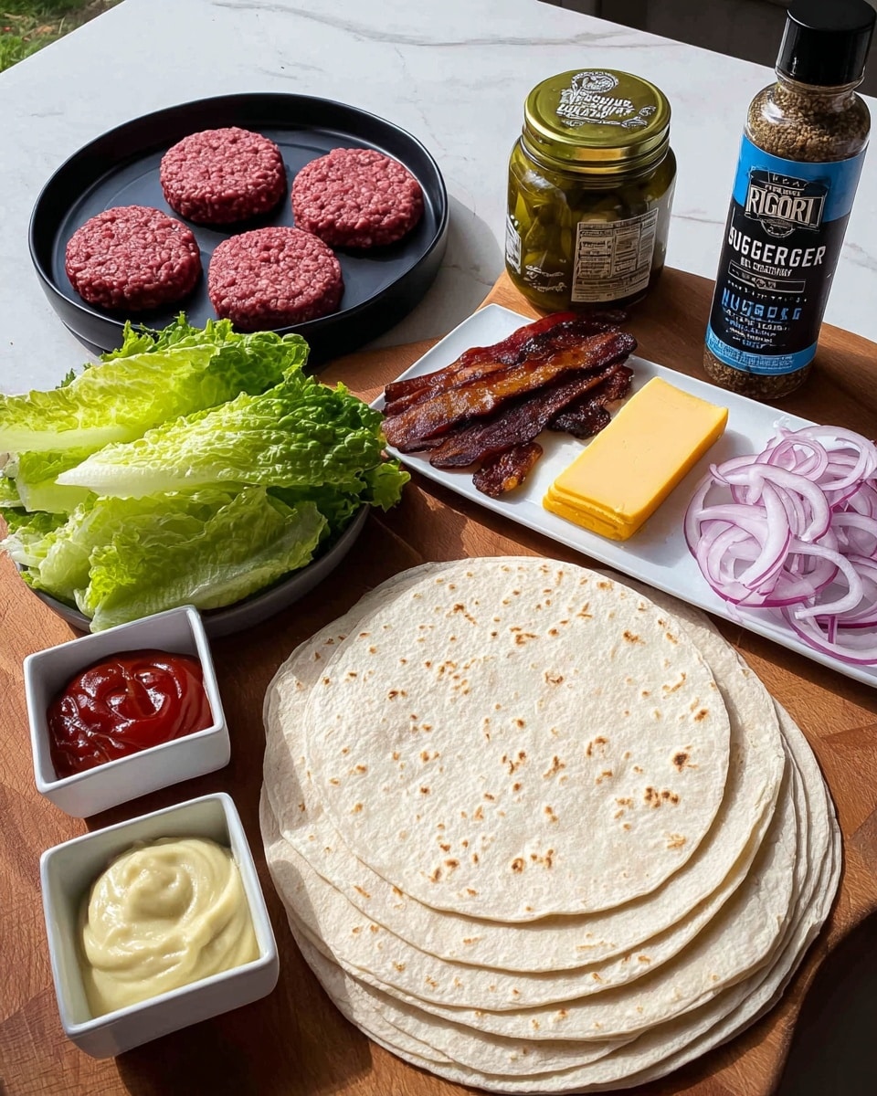 The image shows a wooden table with several food items arranged neatly on top, against a white marbled surface background. There are four raw, round beef patties placed on a black plate on the top left, and cooked dark brown bacon strips on another black plate below it. Next to the bacon, there is a jar of pickles with a green lid and label, and beside it, a small stack of yellow cheese slices on the table. Above the cheese, a white rectangular plate holds fresh green romaine lettuce leaves on one side and thinly sliced red onions on the other. On the bottom left, a white plate contains four sauces in separate sections: red ketchup, yellow mustard, green relish, and white mayonnaise. In front of this plate, four large soft white tortillas are fanned out. A bottle of Burger Royale seasoning with a black and blue label stands upright next to the cheese and tortillas. photo taken with an iphone --ar 4:5 --v 7