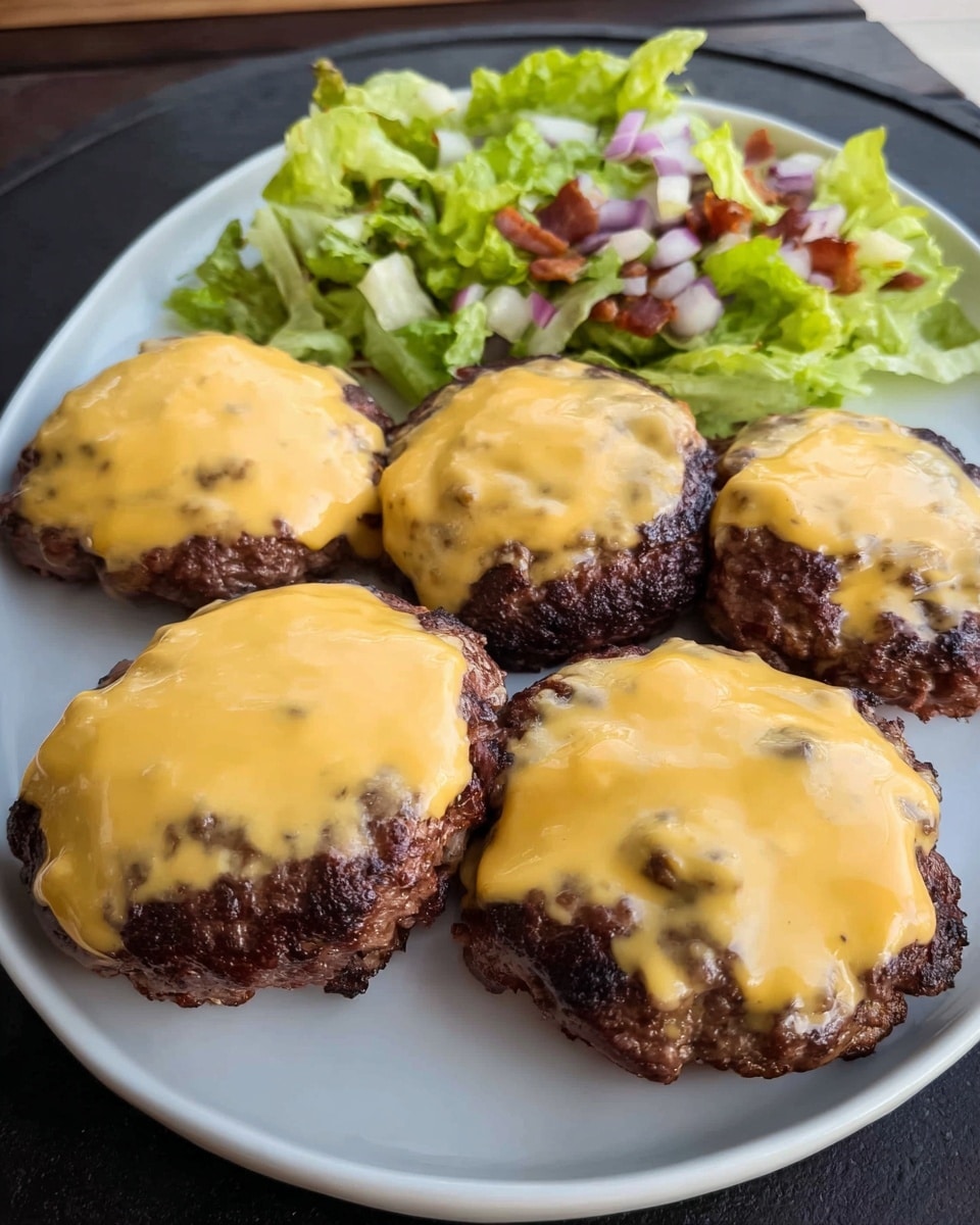 There are four dark brown cooked burger patties on a white plate, each topped with a thick, smooth layer of melted yellow cheese that covers the entire surface of the patties, showing some bubbly texture. In the background on a white marbled texture surface, there is a pile of chopped green lettuce mixed with small pieces of red onion and bits of bacon. Photo taken with an iphone --ar 4:5 --v 7