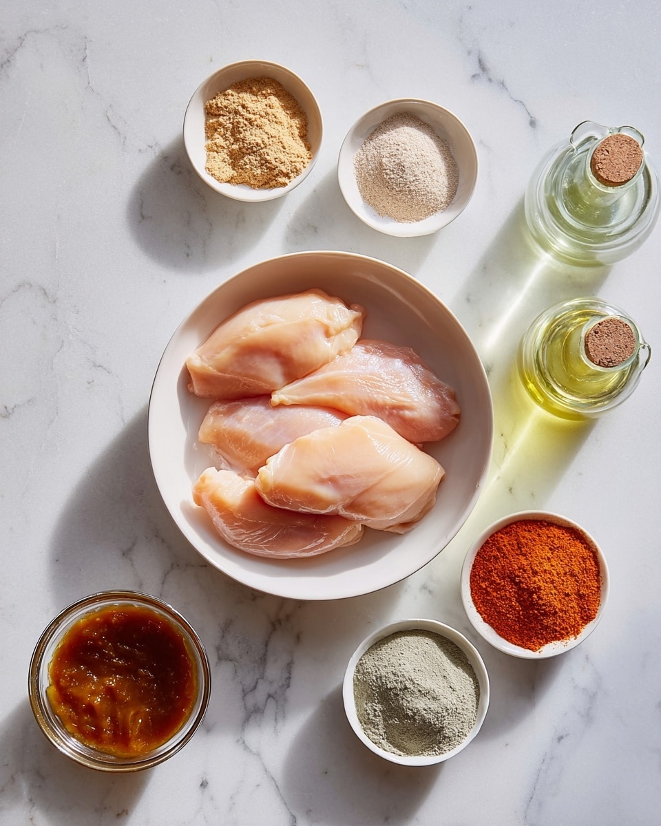 A white bowl in the center holds four smooth, pale pink raw chicken pieces stacked loosely on top of each other. Surrounding the bowl are six small white bowls and two small glass bottles arranged neatly on a white marbled surface. From the top left, the first small bowl contains light brown powder, the second has a beige powder, the third shows a grayish powder, and the fourth holds a pile of bright orange-red powder. Below them, a small bowl filled with dark orange-brown sauce sits at the bottom left. The two small glass bottles on the right contain a greenish-yellow liquid and a clear liquid with corks on top. The scene is brightly lit and clean. photo taken with an iphone --ar 4:5 --v 7