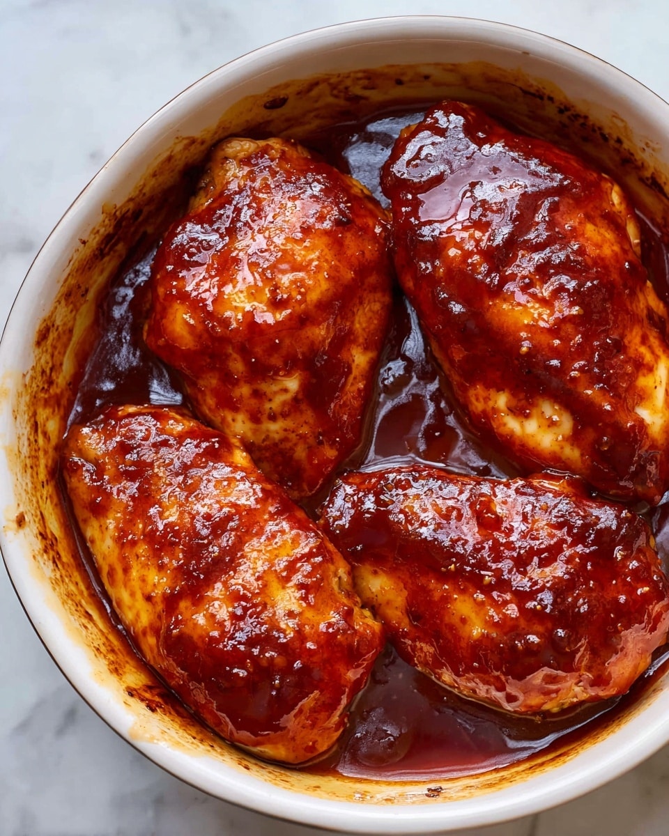 The image shows four pieces of glazed chicken in a white round dish, each piece covered with a shiny, thick layer of rich, reddish-brown sauce. The sauce looks sticky and smooth with a slightly caramelized texture, pooling around the chicken and creating darker spots at the edges where it has baked. The chicken pieces have a slightly raised, rounded shape and appear tender with a glossy finish from the sauce. The white dish has some baked spots of dark brown sauce around its rim. The photo is taken on a white marbled surface. photo taken with an iphone --ar 4:5 --v 7