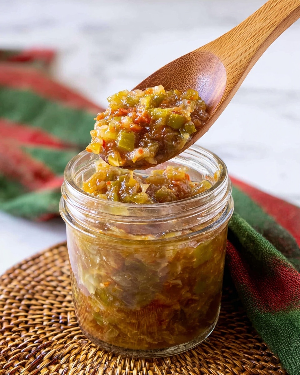 The image shows a clear glass jar filled halfway with a chunky, mixed vegetable relish that has a glossy texture. The relish contains small pieces in green, orange, and red shades, indicating chopped pickles, peppers, and possibly onions, all mixed in a translucent, slightly oily sauce. Above the jar, a wooden spoon holds a scoop of this relish, displaying its thick, uneven texture with bits of vegetables sticking together. The jar and spoon are placed on top of a woven, multicolored round mat with a green and red striped cloth in the background, all set on a white marbled surface. photo taken with an iphone --ar 4:5 --v 7