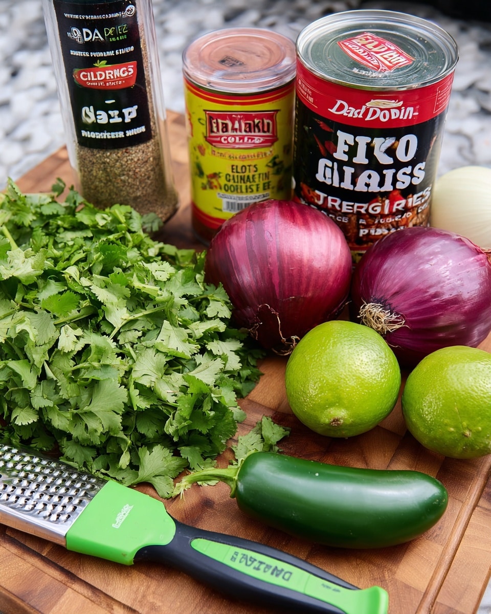 The image shows fresh ingredients and spices arranged on a wooden board with a white marbled background. There is a large bunch of bright green cilantro spread out on the left side. Next to the cilantro, there is a smooth, shiny green jalapeño pepper. Two limes with textured green skin sit near the center, one slightly in front of the other. Behind the limes, there are two whole onions: one white and one deep purple with glossy layers visible. Two cans are positioned behind the onions; one red and black can labeled