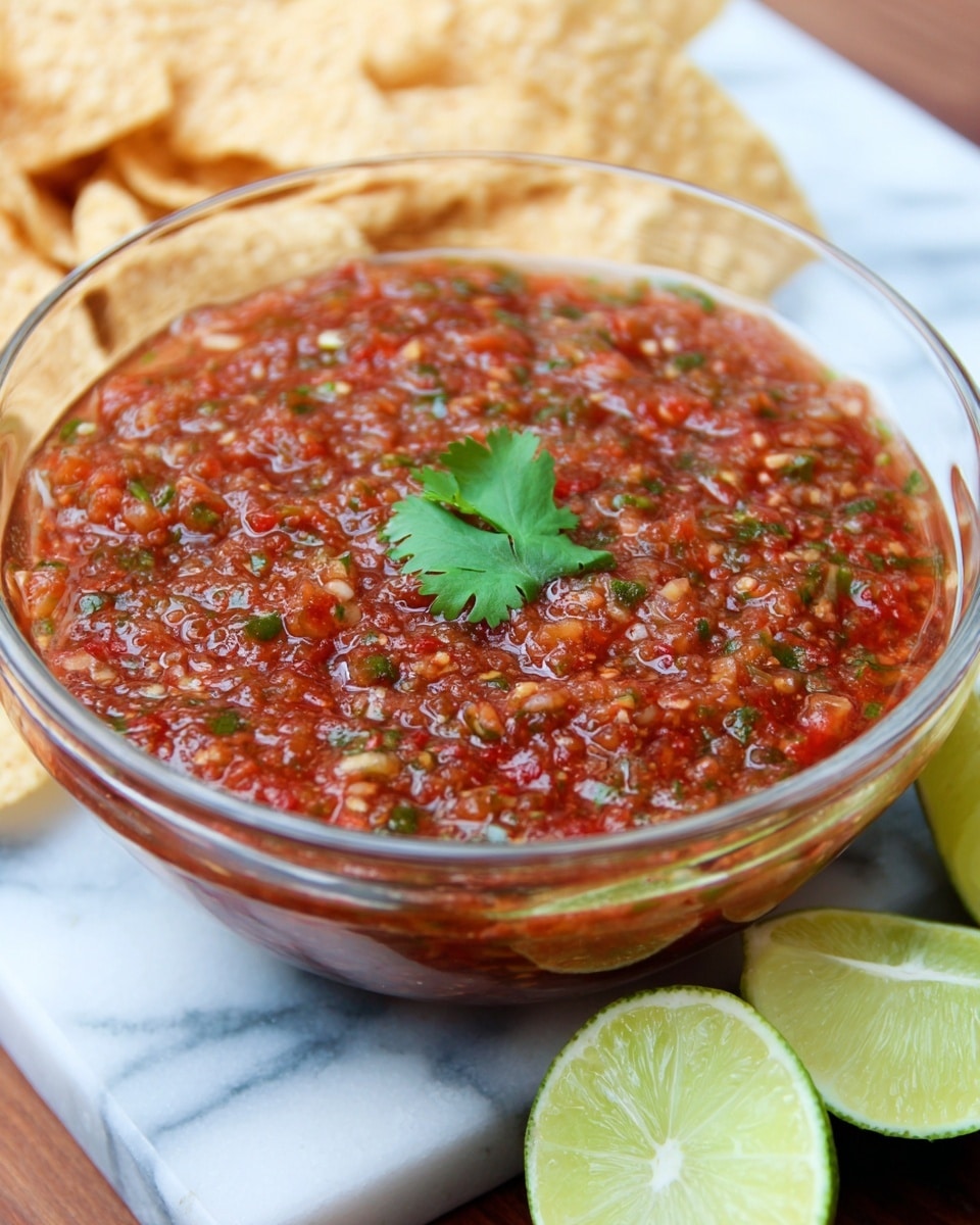 A clear glass bowl filled with chunky red salsa that has visible green herb pieces mixed in, sitting on a white marbled surface. The salsa shows a moist texture with small bits of tomato and cilantro. Around the bowl, there is a stack of light yellow tortilla chips with a dry, crispy texture. In the foreground, two lime wedges, one fully shown and one partially visible, add a fresh touch with their bright green color and juicy interior. A woman's hand holds a single tortilla chip dipped into the salsa, lifting it with the salsa coating the chip, showing a rich, textured mix of red and green. Photo taken with an iphone --ar 4:5 --v 7