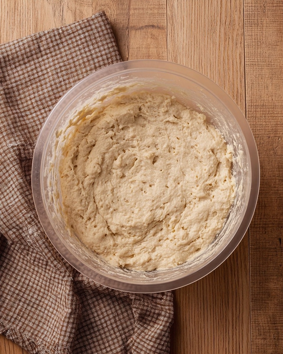A clear plastic bowl filled with a thick, beige dough that has a rough and slightly sticky texture with small air bubbles scattered throughout. The dough is spread evenly inside the bowl, slightly mounded in the center, with some dough residue sticking to the sides. The bowl rests on a light brown wooden surface next to a brown and white checkered cloth. photo taken with an iphone --ar 4:5 --v 7