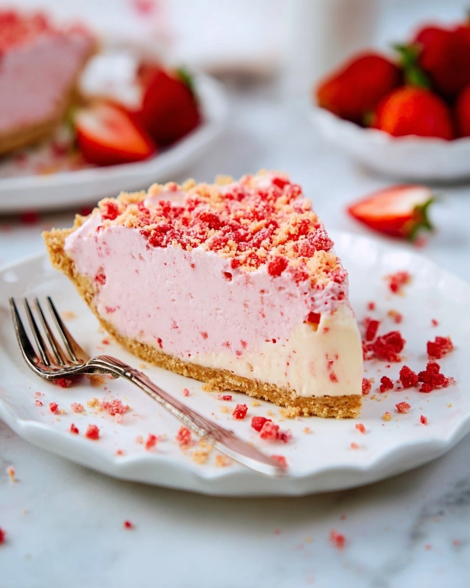 A slice of pie with three visible layers sits on a white plate with scalloped edges. The bottom layer is a light brown crust that looks crumbly and firm. The middle layer is thick and creamy with a soft pink color, showing small red bits mixed inside. The top is sprinkled with red and light tan crumbs, giving a textured look. Around the plate are scattered bits of the red and tan crumbs. A silver fork lies to the left of the slice. The background and surface have a white marbled texture, with out-of-focus bowls and sliced strawberries visible in the background. Photo taken with an iphone --ar 4:5 --v 7