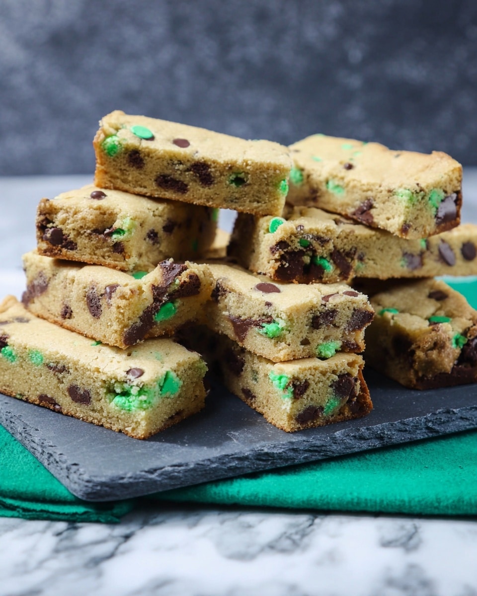 A stack of nine rectangular cookie bars sit on a dark slate board on top of a folded green cloth. Each bar has a soft golden brown texture with visible dark brown chocolate chips and bright green candy pieces embedded throughout. The bars are arranged haphazardly, showing the thick, fluffy layers with slightly rounded edges. The surface beneath is a white marbled texture, adding a clean contrast to the warm colors and highlighting the dessert focus. photo taken with an iphone --ar 4:5 --v 7