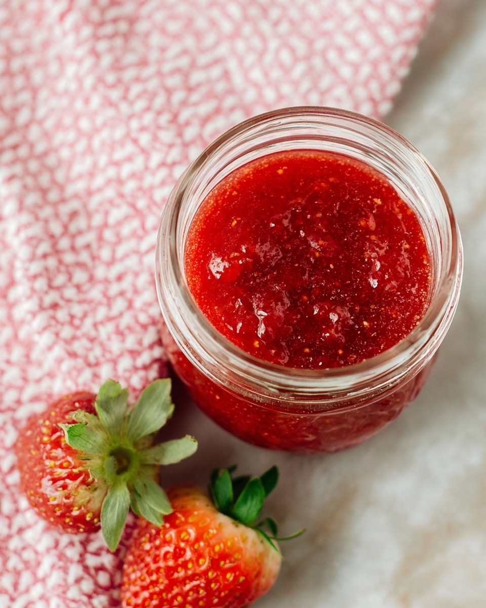 A clear glass jar filled with bright red strawberry jam that has a shiny, slightly chunky texture, showing small bits of strawberries throughout. The jar is placed on a white marbled surface with two fresh strawberries next to it, which have red skin dotted with yellow seeds and green leafy tops. Above the jar, there is a piece of pink and white checkered cloth partly visible, adding a soft contrast to the scene. photo taken with an iphone --ar 4:5 --v 7