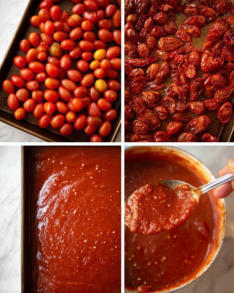 The image shows three stages of making tomato sauce. The first part has many fresh tomatoes in different sizes—mostly small round ones and a few bigger oval ones—spread over a flat tray with a dark color. The second part shows the same tomatoes after roasting; they look soft, wrinkled, and darker red, sitting in a baking tray. The third part shows a close-up of the smooth tomato sauce being stirred with a spoon held by a woman's hand, with small bits and seeds visible in the thick and shiny red sauce. The background has a white marbled texture. Photo taken with an iphone --ar 4:5 --v 7