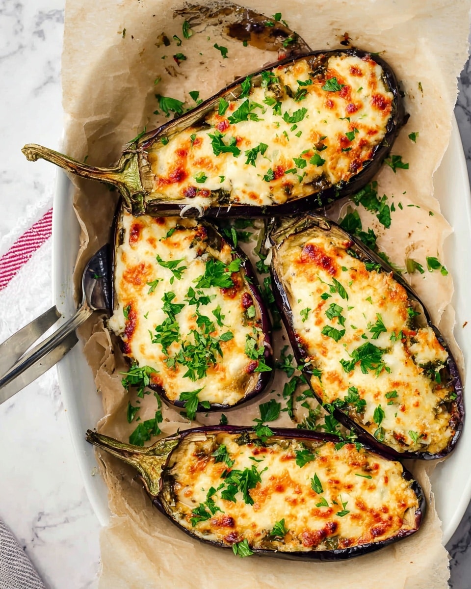 Four eggplant halves lie on top of parchment paper in a white bowl. Each eggplant is filled with a layer of cooked filling topped with a thick layer of melted golden-brown cheese that looks bubbly and slightly crispy around the edges. The eggplant skins are deep purple and shiny, curling slightly at the edges. Bright green chopped parsley is sprinkled generously on top of the cheese, adding color contrast. A silver serving spatula is partially visible under one eggplant half. The whole setting rests on a white marbled surface. Photo taken with an iphone --ar 4:5 --v 7