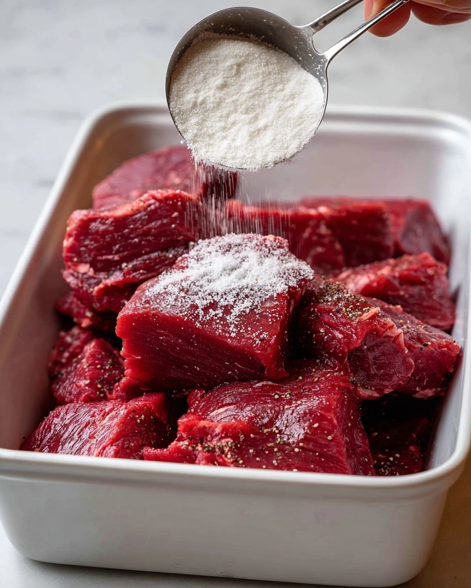A white rectangular dish holds several thick, deep red pieces of raw meat stacked unevenly. A woman's hand is pouring a white powdery substance from a silver measuring spoon onto the meat, creating a light dusting on the top layer. The texture of the meat is slightly shiny and fibrous, with some small black seasonings visible underneath the powder. Everything sits on a white marbled surface, and the photo is taken close up to show detail and texture photo taken with an iphone --ar 4:5 --v 7