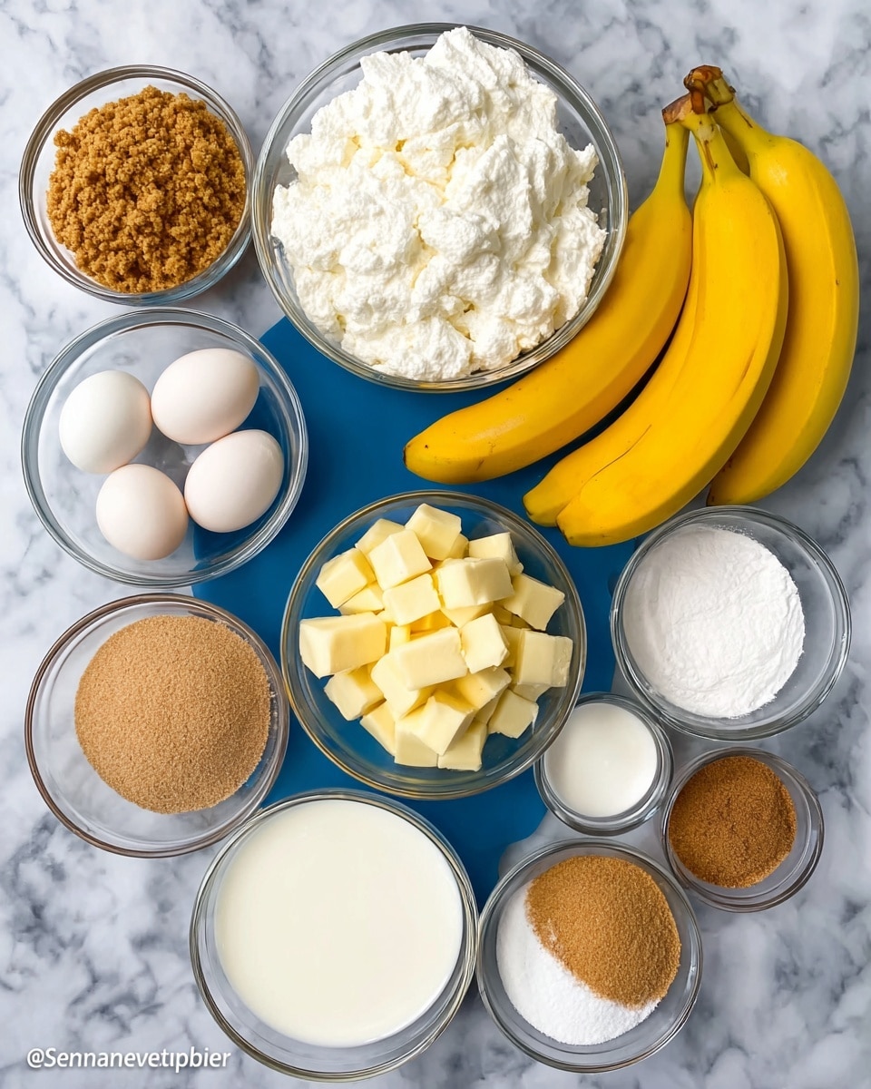 The image shows several clear glass bowls arranged on a white marbled surface, each filled with different baking ingredients. There are three whole yellow bananas placed in a curve among the bowls. One large bowl holds fluffy white cottage cheese, a medium bowl contains light brown crumbly graham cracker crumbs, and another medium bowl has diced pale yellow butter. Smaller bowls hold three raw eggs, white granulated sugar, light brown sugar, milk, a small amount of ground cinnamon, baking powder, and vanilla extract. The overall setup is neat, with the various colors and textures clearly visible against the white marbled pattern photo taken with an iphone --ar 4:5 --v 7