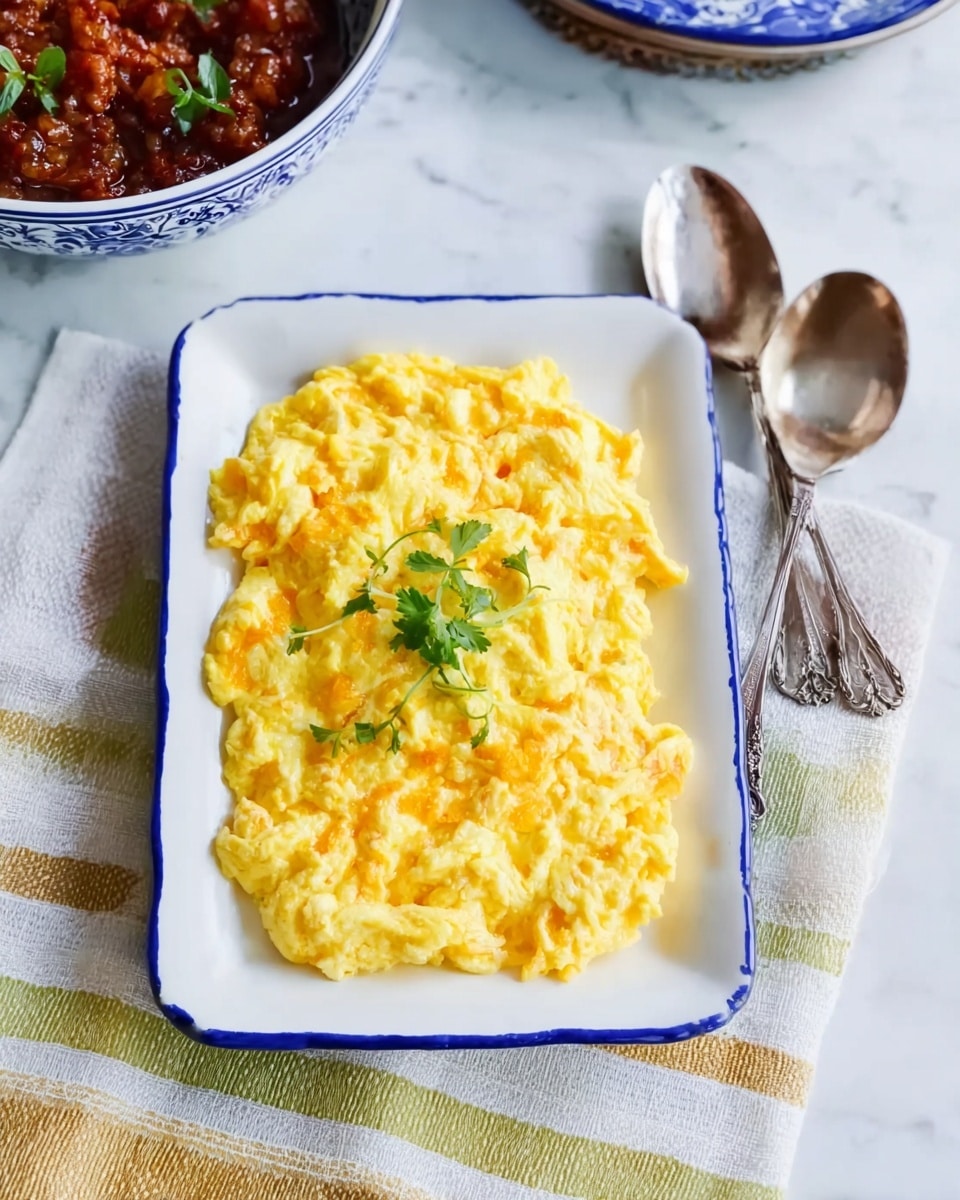 The image shows a white rectangular plate with blue edges placed on a white marbled surface covered with a light fabric with a yellow striped pattern. On the plate is a single layer of soft scrambled eggs, fluffy in texture and bright yellow with slight golden orange tones. A small green leafy herb garnish sits in the center on top of the eggs. Nearby, there are two worn silver spoons resting on the cloth. In the upper left corner, there is a white bowl with a blue pattern filled with a dark red chunky sauce or stew, slightly blurred in the background. Photo taken with an iphone --ar 4:5 --v 7