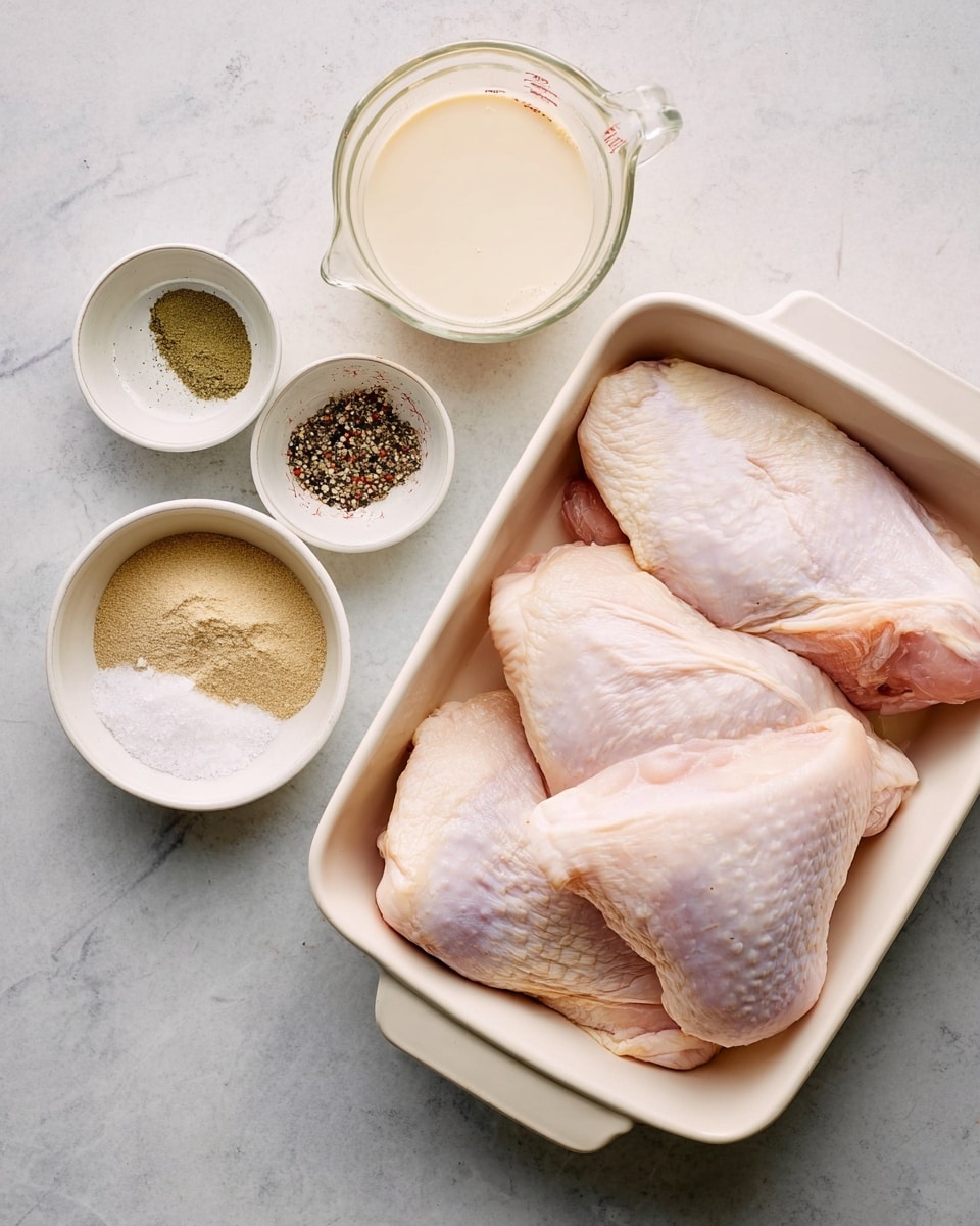 A white rectangular baking dish holds four raw pieces of chicken with pale pink and white skin layered closely together. To the left of the dish, there are three small white bowls arranged vertically, each filled with different spices: the top bowl has a green powdered spice, the middle contains a light tan powdered spice, and the bottom bowl holds coarse salt and black pepper mixed together. Above these bowls, near the top left corner, is a clear glass measuring cup filled with a light creamy liquid. The background surface is a white marbled texture. Photo taken with an iphone --ar 4:5 --v 7