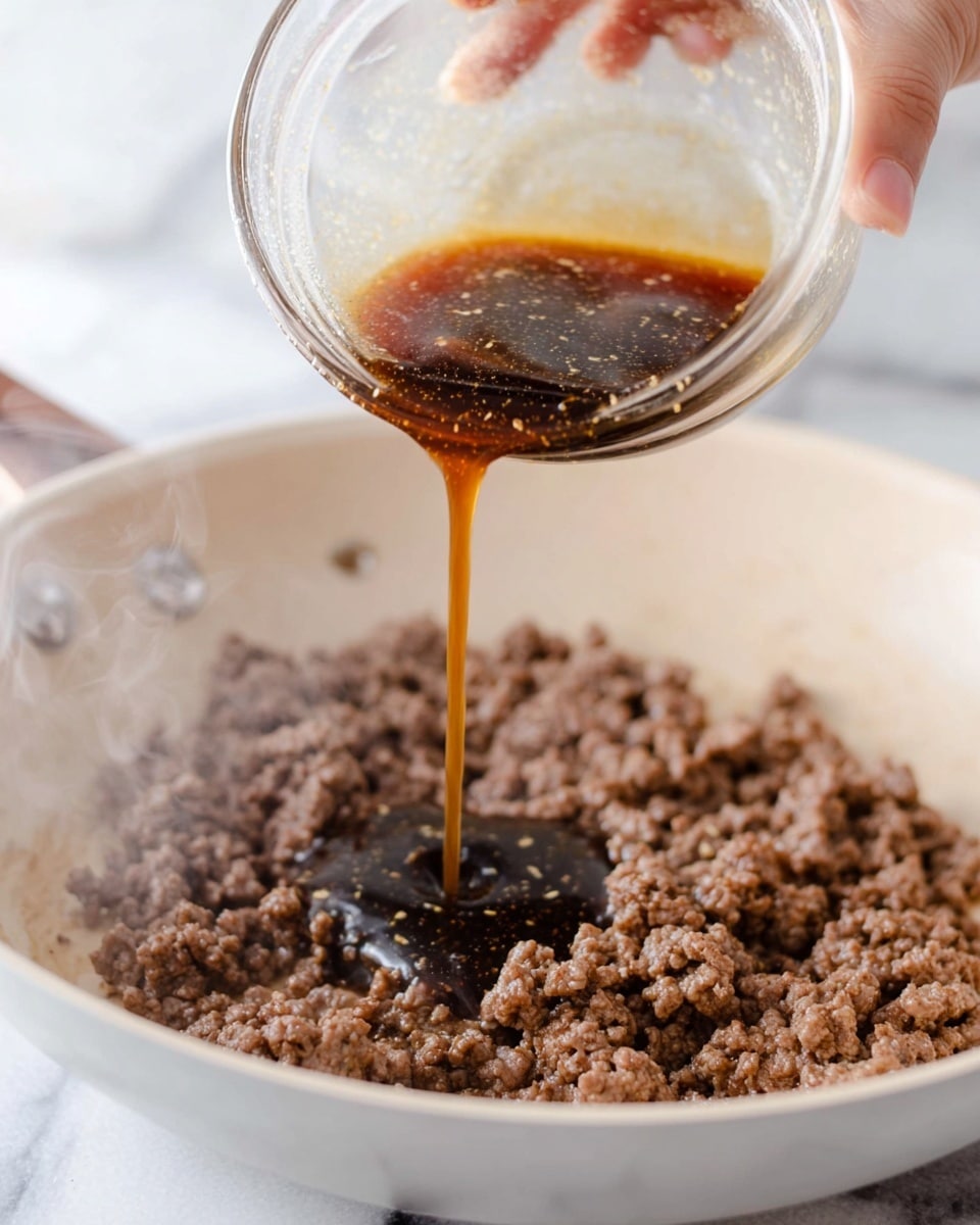 A woman's hand is holding a clear glass bowl tilted forward, pouring a dark brown sauce with visible small light-colored bits into a white frying pan filled with cooked ground meat, which is medium brown and crumbly in texture. The sauce contrasts sharply over the cooked meat as it flows in a steady stream. The background surface is white with a marbled texture. Steam rises slightly from the pan. Photo taken with an iphone --ar 4:5 --v 7