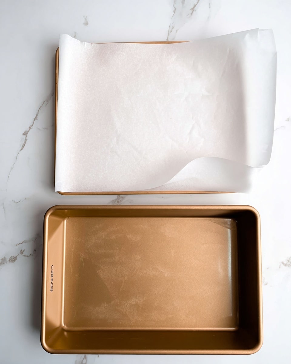 The image shows a golden-brown rectangular baking pan placed on a white marbled surface. Above the pan, there is a large sheet of white parchment paper fully spread out, covering a good part of the surface. The parchment paper has some light folds and a slight curve on the top right corner. The baking pan is clean and has light reflections on its edges, showing its smooth metal texture. photo taken with an iphone --ar 4:5 --v 7