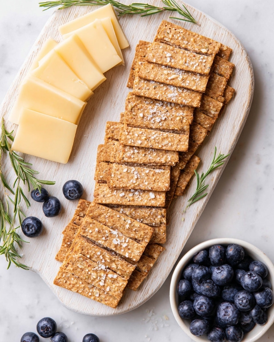 A white oval wooden board holds two rows of rectangular, light brown crackers with coarse texture and sprinkled white salt flakes, arranged side by side in a neat, slightly curved pattern. To the left of the crackers, there are two uneven stacks of pale yellow cheese slices. A few dark blue blueberries are scattered around the bottom and left edge of the board, with a small white bowl filled with blueberries just outside the board's edge at the bottom left. Two sprigs of fresh green rosemary rest on top of the crackers near the upper left and lower right corners. The scene is set on a white marbled surface. Photo taken with an iphone --ar 4:5 --v 7