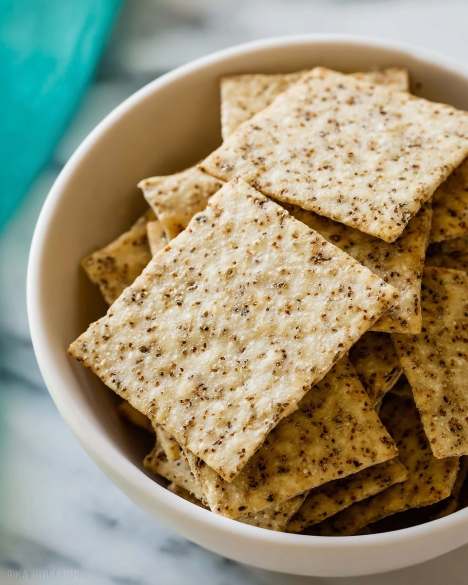 The image shows a close-up of a white bowl filled with square-shaped crackers that have a rough texture and are dotted with small brown seeds or herbs. The crackers are stacked unevenly inside the bowl, with some leaning against the bowl’s edge. The background shows a white marbled surface with a hint of a turquoise object visible on the left side. The lighting is bright, highlighting the grainy details on the crackers’ surface. photo taken with an iphone --ar 4:5 --v 7