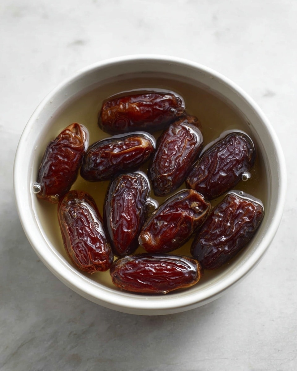 A round white bowl filled with water and dark brown dates soaking inside. The dates float with some submerged, showing their wrinkled, shiny texture under the clear water. The bowl sits on a white marbled surface with soft natural light coming from the top, making the water glisten with a few small bubbles visible on the dates. photo taken with an iphone --ar 4:5 --v 7