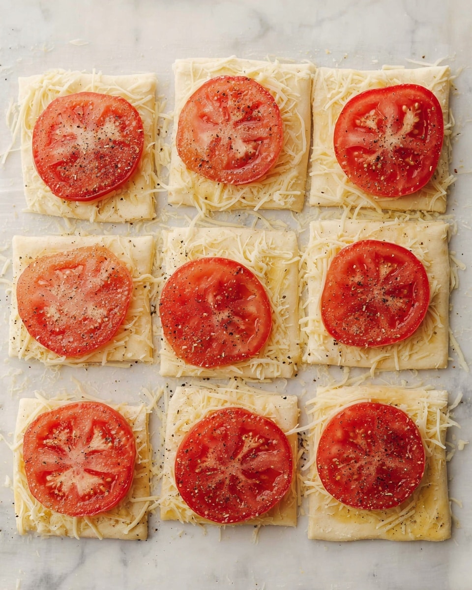 The image shows eight small square pieces of dough spread out evenly on a white marbled surface. On each square, there is a layer of shredded cheese scattered thinly. On top of the cheese, there is one or two slices of bright red tomato, each sprinkled with black pepper and salt. The dough looks shiny, as if brushed with oil or butter, giving a light golden sheen. The pieces are arranged in two neat rows of four, with some space between each piece. photo taken with an iphone --ar 4:5 --v 7