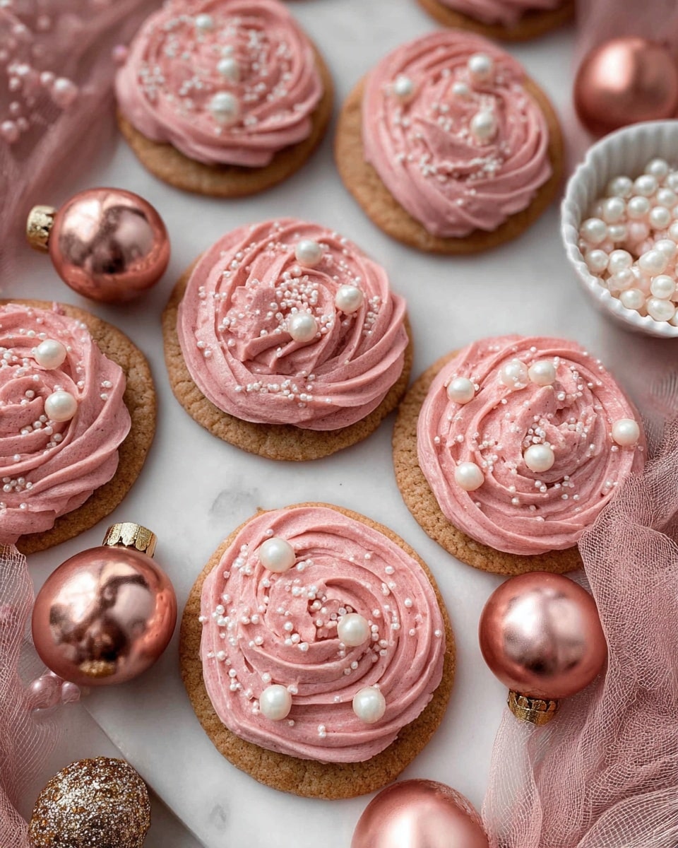The image shows round cookies each with two layers: a light brown, slightly grainy cookie base topped with a thick swirl of smooth, pale pink frosting. The frosting is decorated with small white pearl-like balls and a few coarse sugar crystals scattered on top. The cookies are arranged on a white marbled surface and surrounded by soft pink fabric and shiny copper-colored baubles. There is also a small white dish filled with more pearl decorations. Photo taken with an iphone --ar 4:5 --v 7