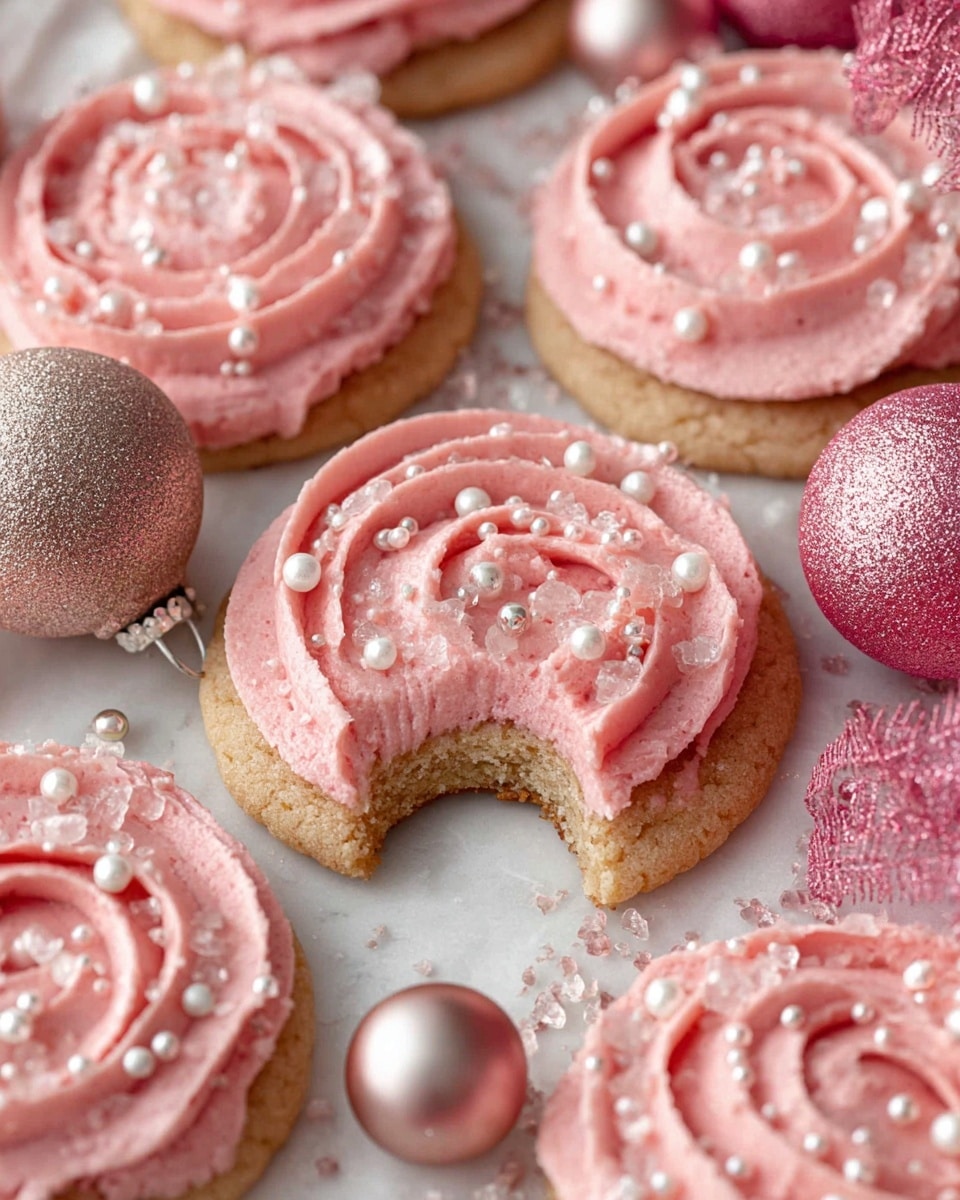 The image shows round cookies with a light brown base layer topped with thick swirls of smooth pink frosting. Each cookie has a layer of large sugar crystals sprinkled on the base, with the frosting adorned with small white pearl-like sprinkles scattered evenly over the surface. One cookie has a bite taken out, revealing the soft texture underneath the frosting. The cookies rest on a white marbled surface with pink and rose gold Christmas ornaments placed around them for decoration. photo taken with an iphone --ar 4:5 --v 7