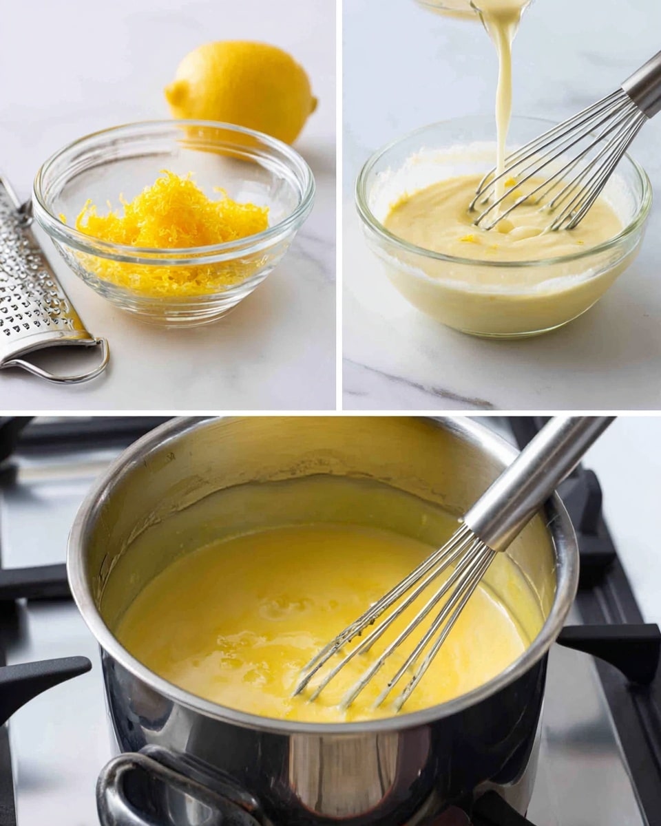 The image shows three parts of making a lemon mixture. The first part has a small clear glass bowl with bright yellow lemon zest inside, next to a whole lemon and a metal grater on a white marbled surface. The second part shows a clear glass bowl with a light yellow smooth mixture being whipped by two beaters, and a clear liquid being poured in from above. The third part shows a shiny metal pot on a gas stove with a whisk inside stirring a thick yellow mixture. The background is a white marbled surface and the stove is black. Photo taken with an iphone --ar 4:5 --v 7