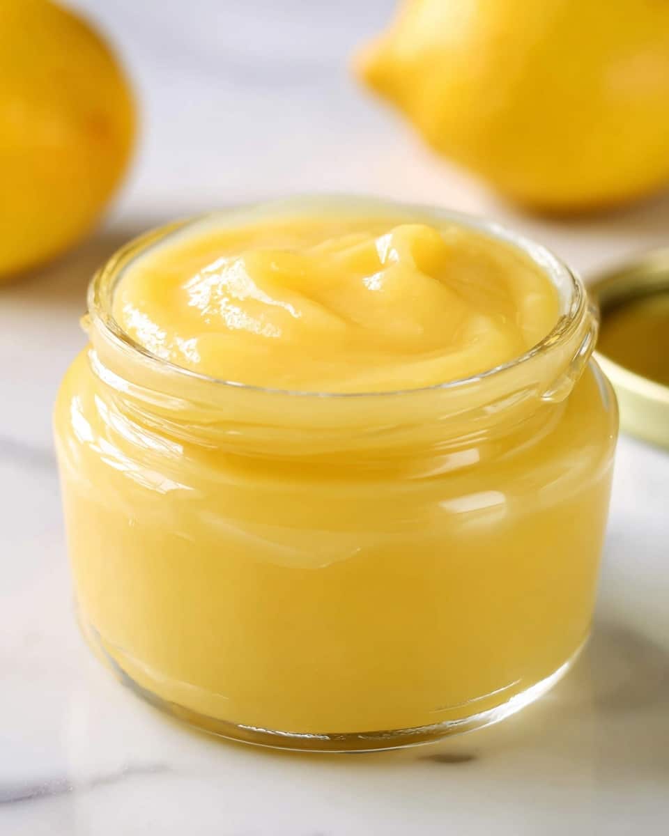A clear glass jar filled with smooth, thick, yellow lemon curd that has a glossy surface with soft waves and slight ripples, showing its creamy texture, set on a white marbled surface with a blurred lemon and jar lid in the background, photo taken with an iphone --ar 4:5 --v 7