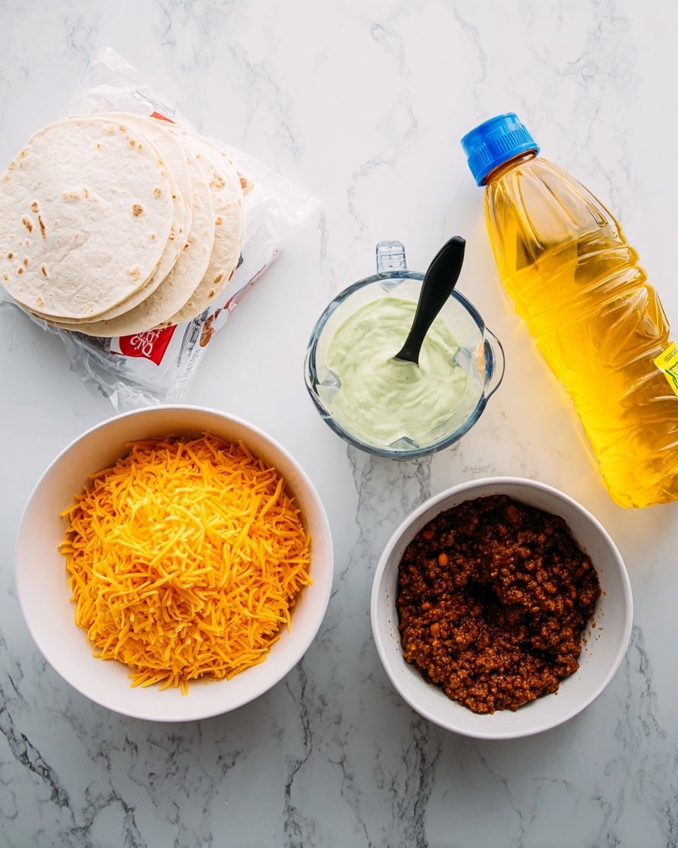 The image shows a white marbled surface holding ingredients for a meal. On the left side, there is a pack of white flour tortillas. In the middle bottom, there is a white bowl filled with bright orange shredded cheese. Above the cheese, there is a transparent blender container with a light green creamy sauce inside. To the right of the cheese bowl, there is another white bowl filled with a dark brown cooked chili mixture, with a black spoon resting inside. On the far right, there is a large bottle of yellow cooking oil with a blue cap. Photo taken with an iphone --ar 4:5 --v 7