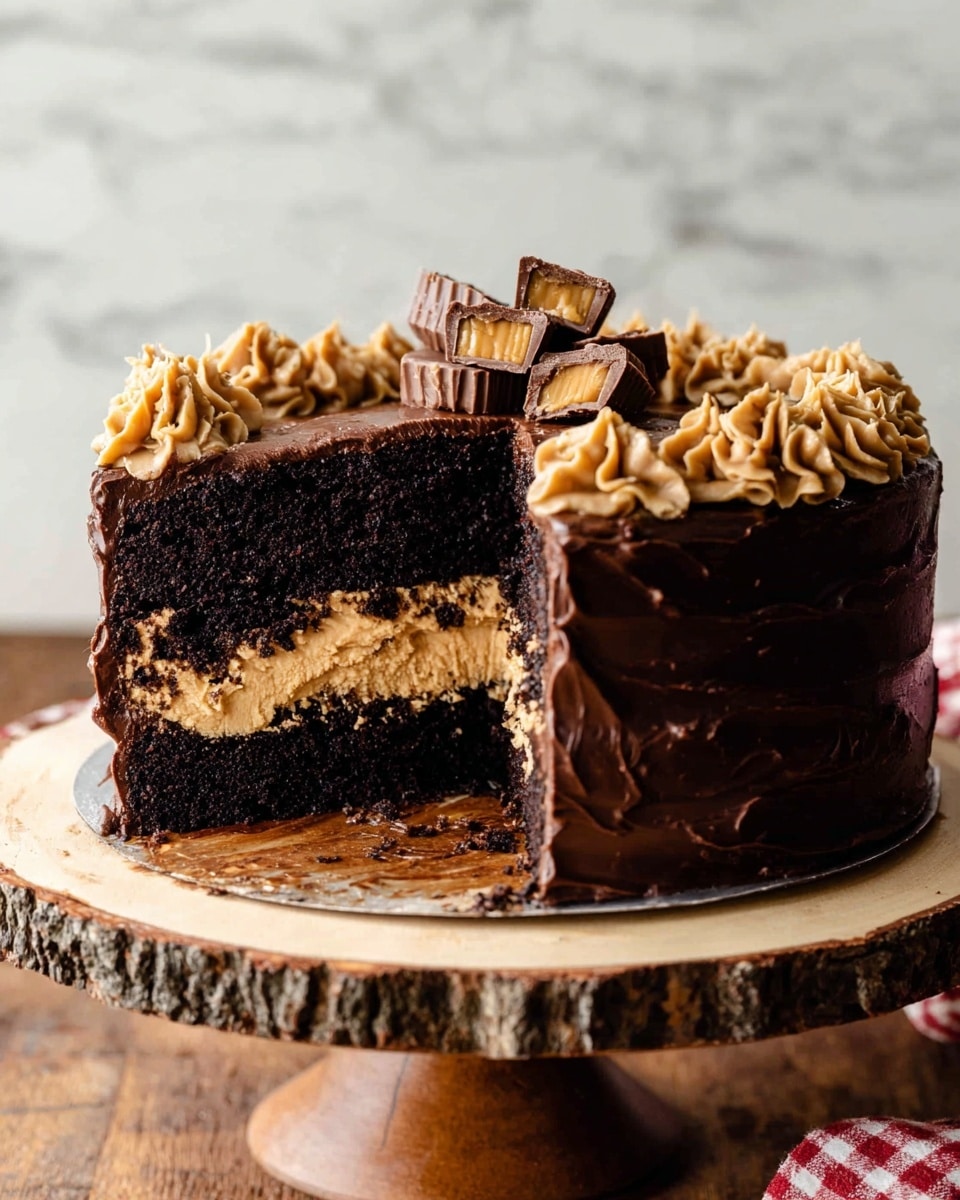 A tall three-layer dark chocolate cake with thick light brown cream between each layer sits on a wooden cake stand with a bark edge. The cake is covered in smooth shiny dark chocolate frosting, with the top edge decorated by swirls of the same light brown cream. On top of the cake, near the center, there are broken mini peanut butter cups stacked in a small pile. A large wedge is missing from the front, showing the moist, rich cake and creamy filling inside. The setting is on a wooden table with a white marbled texture background photo taken with an iphone --ar 4:5 --v 7