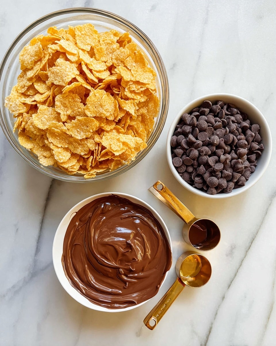 A clear glass bowl on a white marbled surface is filled with light golden-yellow corn flakes with dry, crunchy texture. Below it is a white bowl packed with small, dark brown chocolate chips that have a slightly shiny surface. Next to it, two small gold measuring cups with wooden handles sit side by side; the upper one is full of smooth, creamy milk chocolate that has a wavy texture on top, while the lower one contains thick, dark chocolate sauce with a glossy shine. photo taken with an iphone --ar 4:5 --v 7