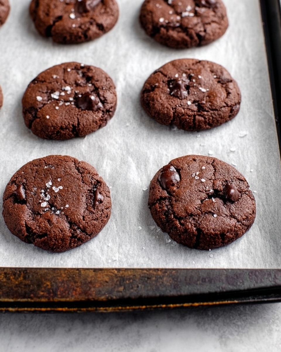 There are seven dark brown chocolate cookies on a sheet of white parchment paper. Each cookie is round with a slightly cracked texture on top and small darker spots from chocolate chips. Some cookies have a light sprinkling of white salt flakes on the surface. The parchment paper is on a dark metal baking tray with slightly worn edges. The background is a white marbled surface. photo taken with an iphone --ar 4:5 --v 7