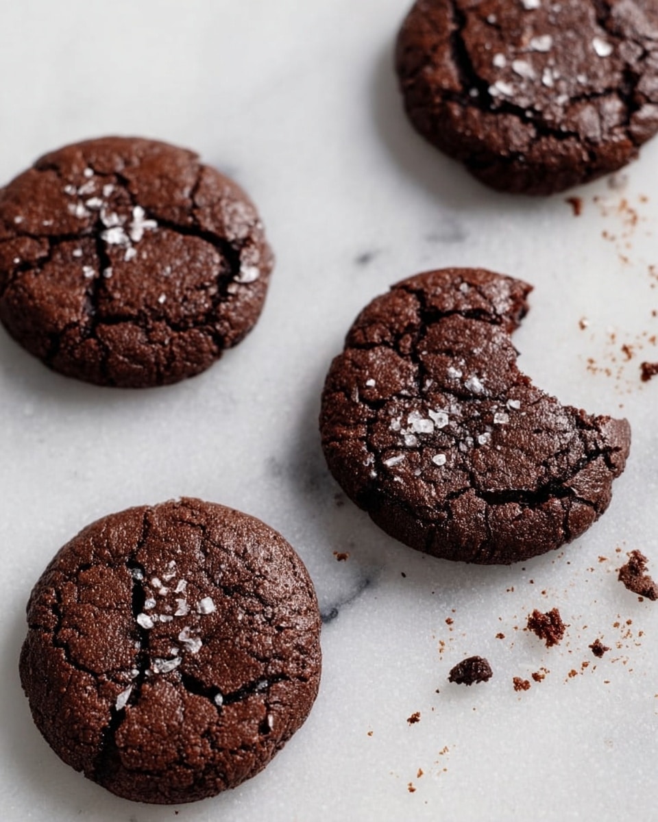 Four dark brown chocolate cookies with cracked tops are scattered on a white marbled surface. One cookie near the center has a visible bite taken out, showing a soft, slightly melted chocolate inside. Small bits of sea salt are sprinkled unevenly on the tops of the cookies, adding texture. The cookies have a round shape and are spaced apart naturally, with some crumbs surrounding them. Photo taken with an iphone --ar 4:5 --v 7