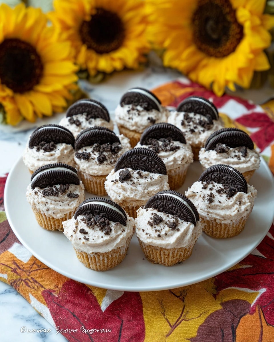 The image shows small cupcakes with three clear layers. The bottom layer is dark brown chocolate cake with a soft texture. On top of the cake is a thick layer of white frosting mixed with small chocolate crumbs, giving it a speckled look. Each cupcake is topped with a whole round black cookie with white filling placed vertically in the frosting. One cupcake is placed on a white plate with a floral cut-out edge, with its brown cupcake paper spread out below it. Behind this, several more cupcakes are arranged on a larger white plate, with some extra whole black cookies placed around them. The scene is set on a white marbled surface with a colorful cloth beneath the plates. photo taken with an iphone --ar 4:5 --v 7