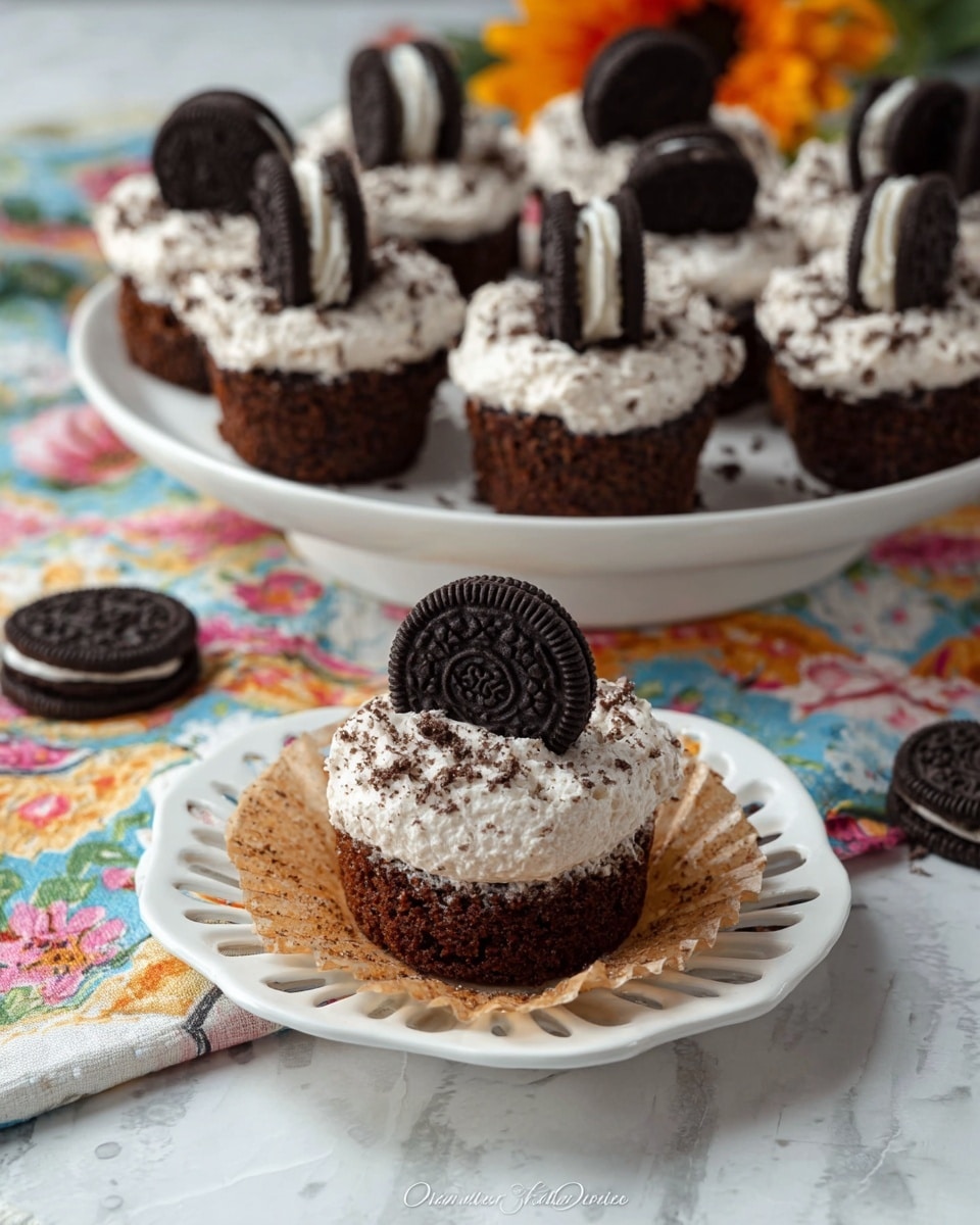 A white plate holds ten small cupcakes arranged neatly in a circular shape. Each cupcake has a light brown base and is topped with a thick layer of creamy white frosting mixed with dark cookie crumbs, giving it a textured look. Standing upright in the middle of each cupcake is a half of a dark chocolate sandwich cookie with white cream filling visible. Additional whole dark chocolate sandwich cookies are placed in the center of the plate between the cupcakes. The plate is set on a colorful cloth with red, yellow, and orange autumn leaf patterns, and in the background, large, bright yellow sunflowers are slightly blurred. The surface beneath the cloth and plate is a white marbled texture. Photo taken with an iphone --ar 4:5 --v 7