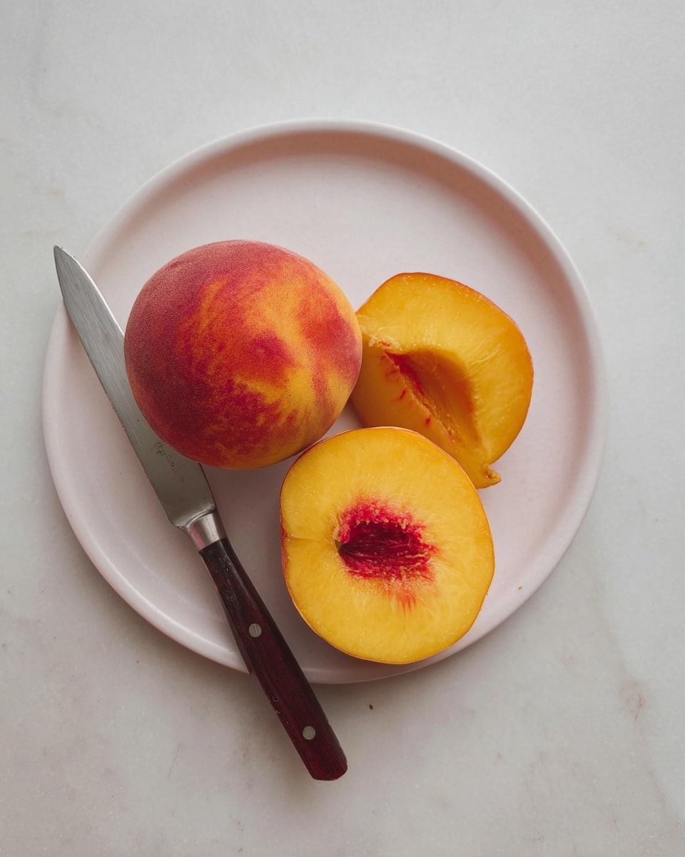 A white round plate holds a partially sliced peach with two peach slices lying flat next to it. The peach flesh is bright yellow-orange with a reddish spot near the top center. A small knife with a silver blade and a dark wooden handle rests on the plate beside the peach. The plate is placed on a white marbled surface. photo taken with an iphone --ar 4:5 --v 7
