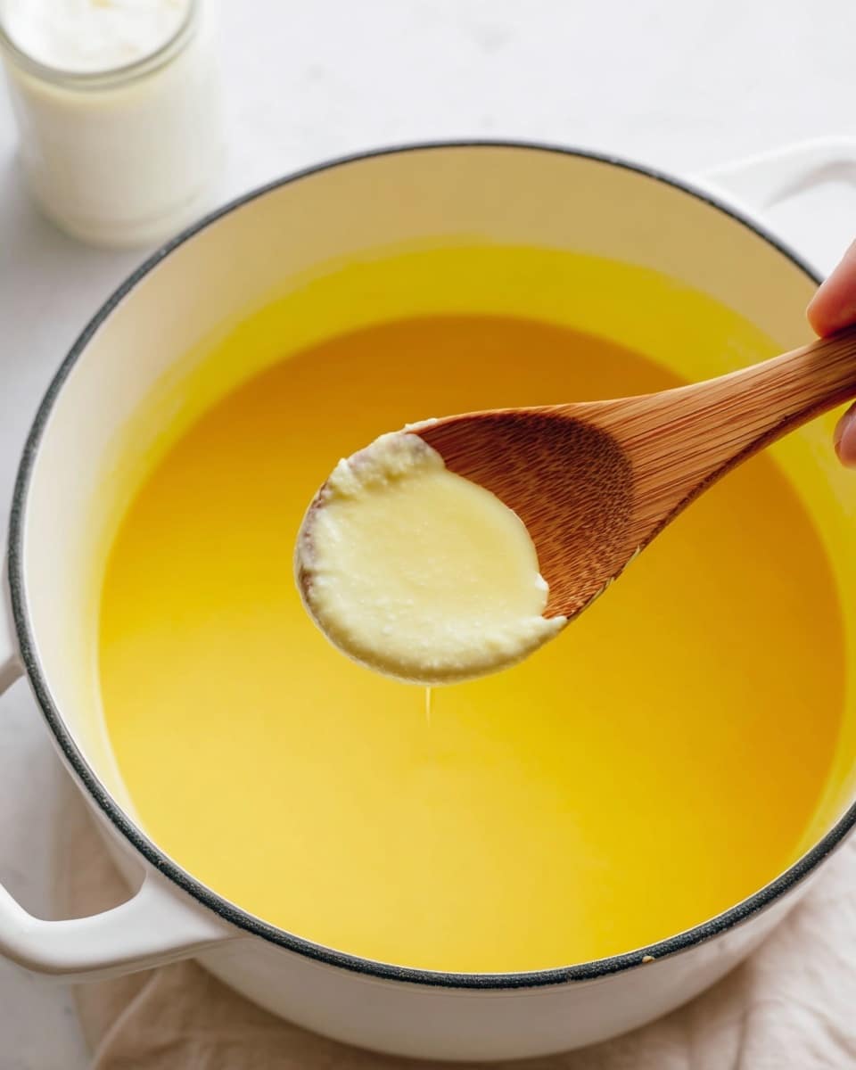 A close-up view of a white pot filled with a smooth, bright yellow liquid that has a creamy texture. A wooden spoon held by a woman's hand is dipped into the pot, showing a bit of thick, pale yellow mixture clinging to the spoon. The background is a white marbled texture, and there is a blurry small white container in the upper left corner. The image is captured with soft natural light highlighting the colors and textures. photo taken with an iphone --ar 4:5 --v 7
