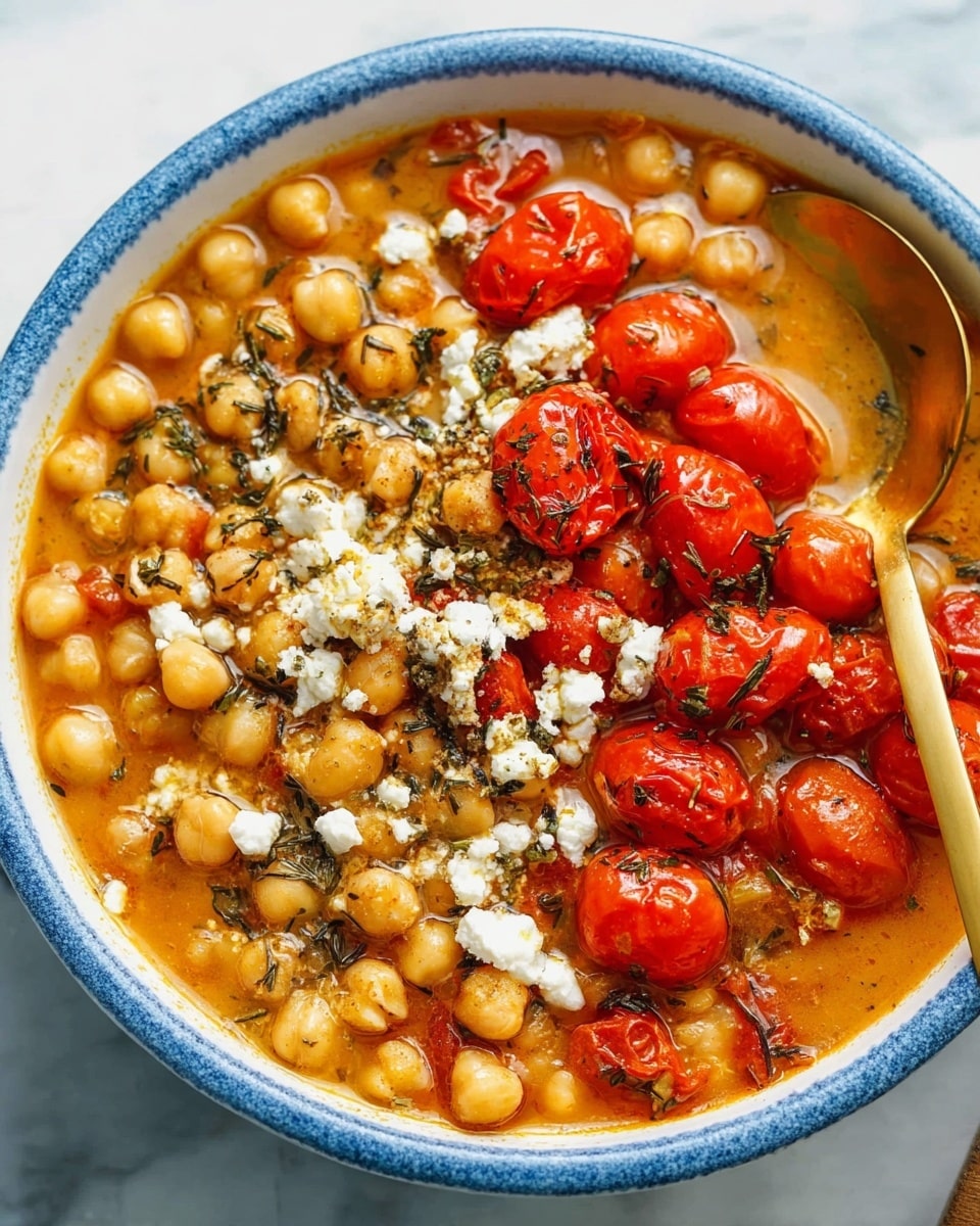 A close-up view of a bowl filled with a warm stew, showing three layers: the first layer is an orange-red broth that covers the base, the second layer contains light beige chickpeas spread evenly across the bowl, and the third layer features bright red roasted cherry tomatoes scattered on top along with small white crumbles of cheese and a sprinkle of dark green herbs. The stew is in a white bowl with a blue rim. A gold spoon is partially dipped on the right side. The bowl sits on a white marbled surface photo taken with an iphone --ar 4:5 --v 7