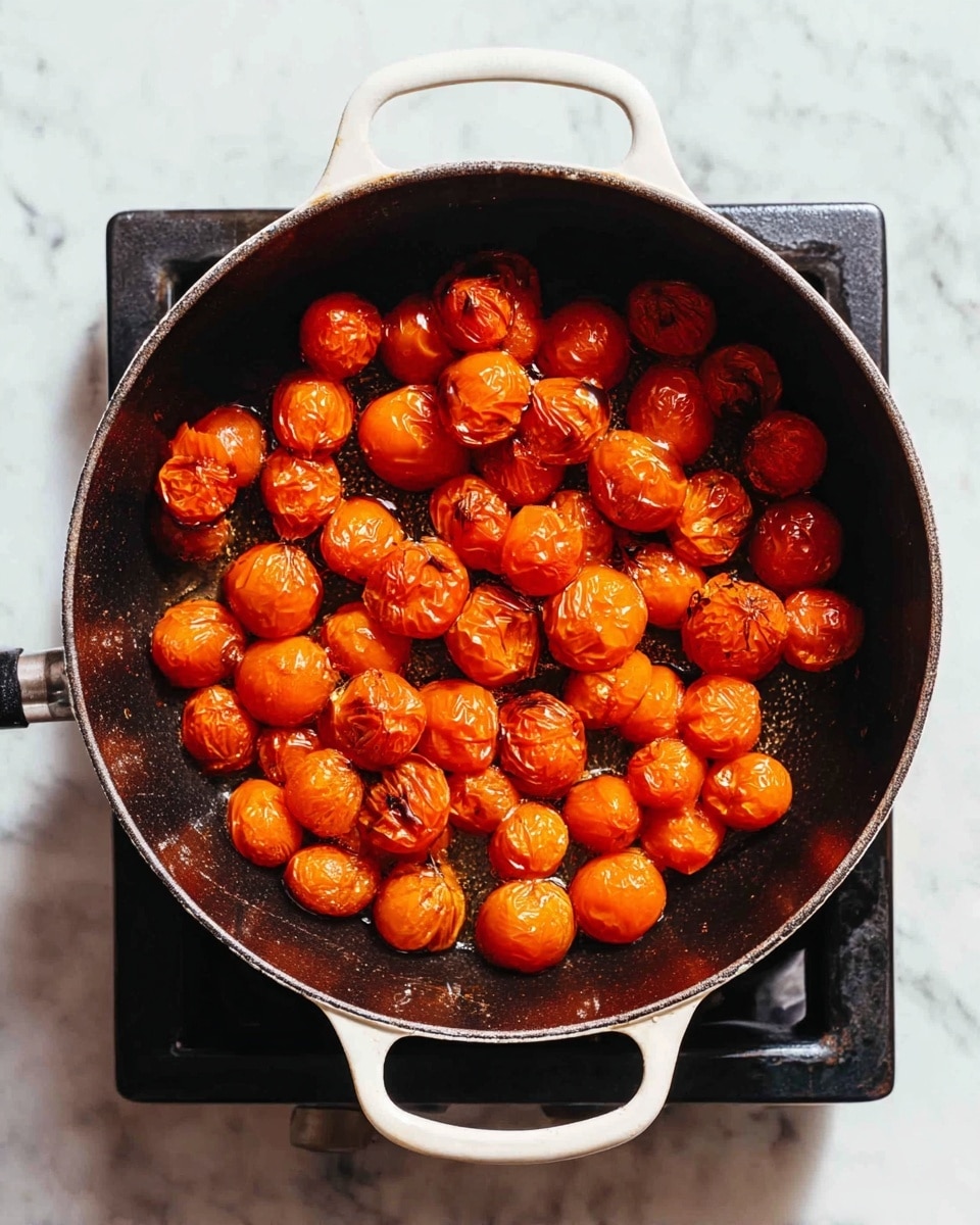 A large round black pot with white handles holds one layer of roasted small whole tomatoes. The tomatoes are bright red-orange with a slightly wrinkled, shiny skin, showing some roasting marks. The pot sits on a black square stove surface, all placed on a white marbled texture background. photo taken with an iphone --ar 4:5 --v 7