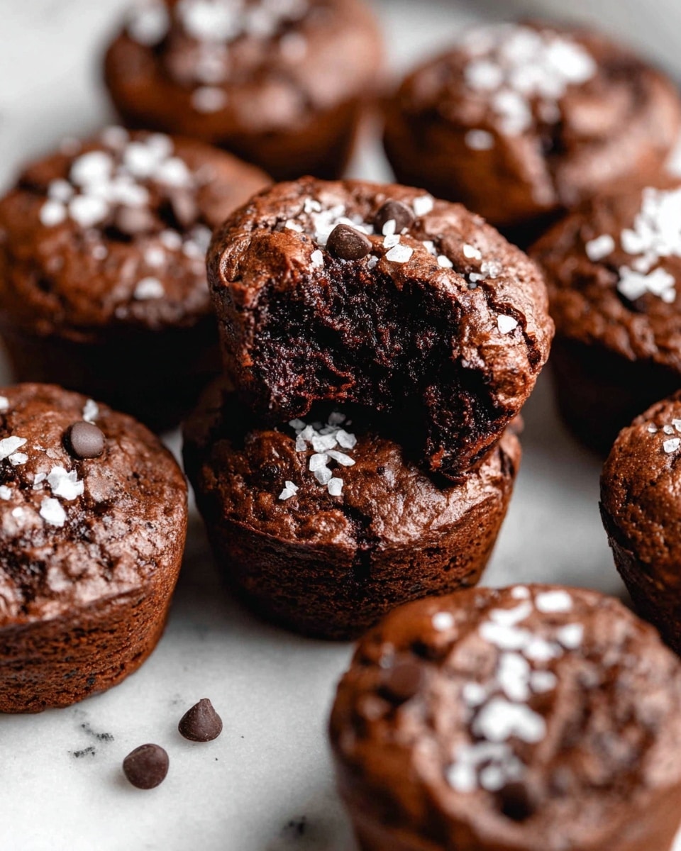 The image shows several small chocolate muffins arranged closely together on a white marbled surface. Each muffin has a rich, dark brown texture and is topped with scattered white flakes, likely sea salt, and some chocolate chips. The muffin in the center is slightly raised above the others with a bite taken out of it, revealing a moist and dense inner layer with a deep, almost black chocolate color. The muffins have a slightly cracked top crust that adds to their rustic look. Photo taken with an iphone --ar 4:5 --v 7