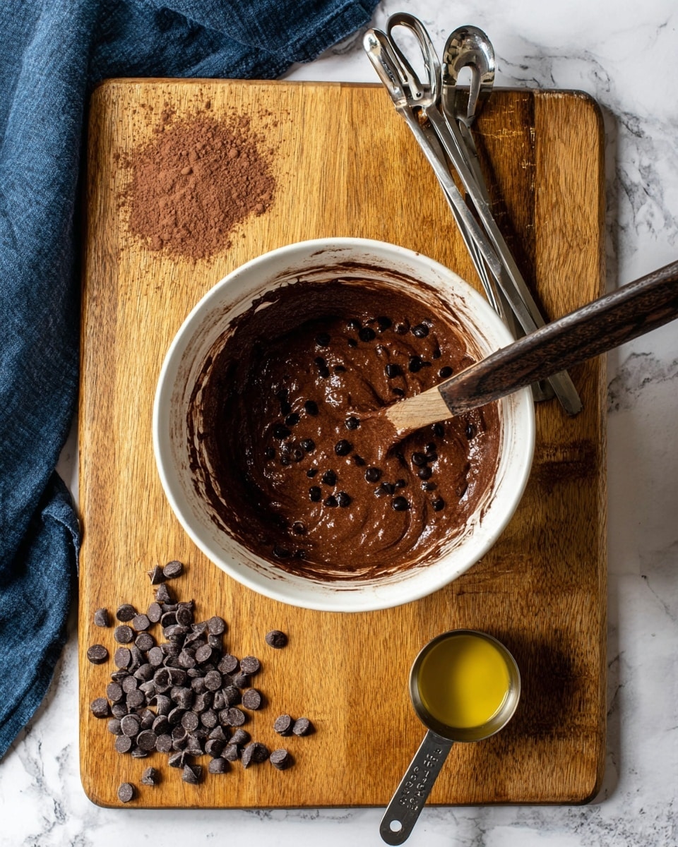A white bowl filled with thick chocolate batter mixed with small dark chocolate chips and a dark wooden-handled spoon inside the batter. The bowl sits on a wooden cutting board scattered with dark chocolate chips. On the upper left side of the board, there are two metal measuring spoons stacked on top of each other, with some chocolate powder residue in them. Below the spoons, a third metal measuring cup holds a small amount of golden liquid, likely oil. A dark blue cloth is partially visible at the upper left corner of the wooden board, and the entire setup is placed on a white marbled surface. Photo taken with an iphone --ar 4:5 --v 7